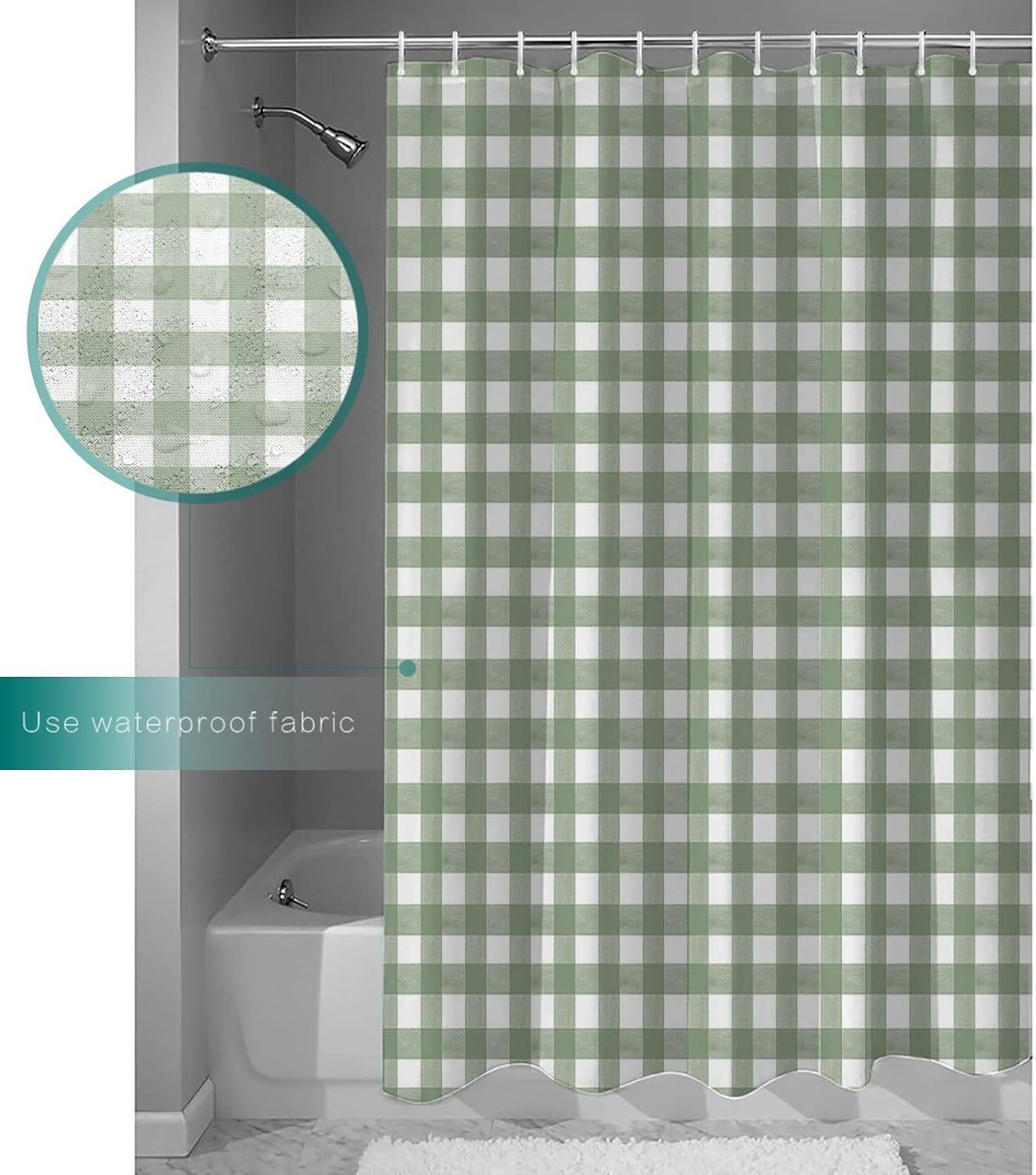 QueenKer Shower Curtain Sage Green Buffalo Plaid Waterproof Fabric Shower Curtain Set with 12 Hooks, Bathroom Curtains for Farmhouse Home Hotel Holiday Decor, 72" W x 84" L