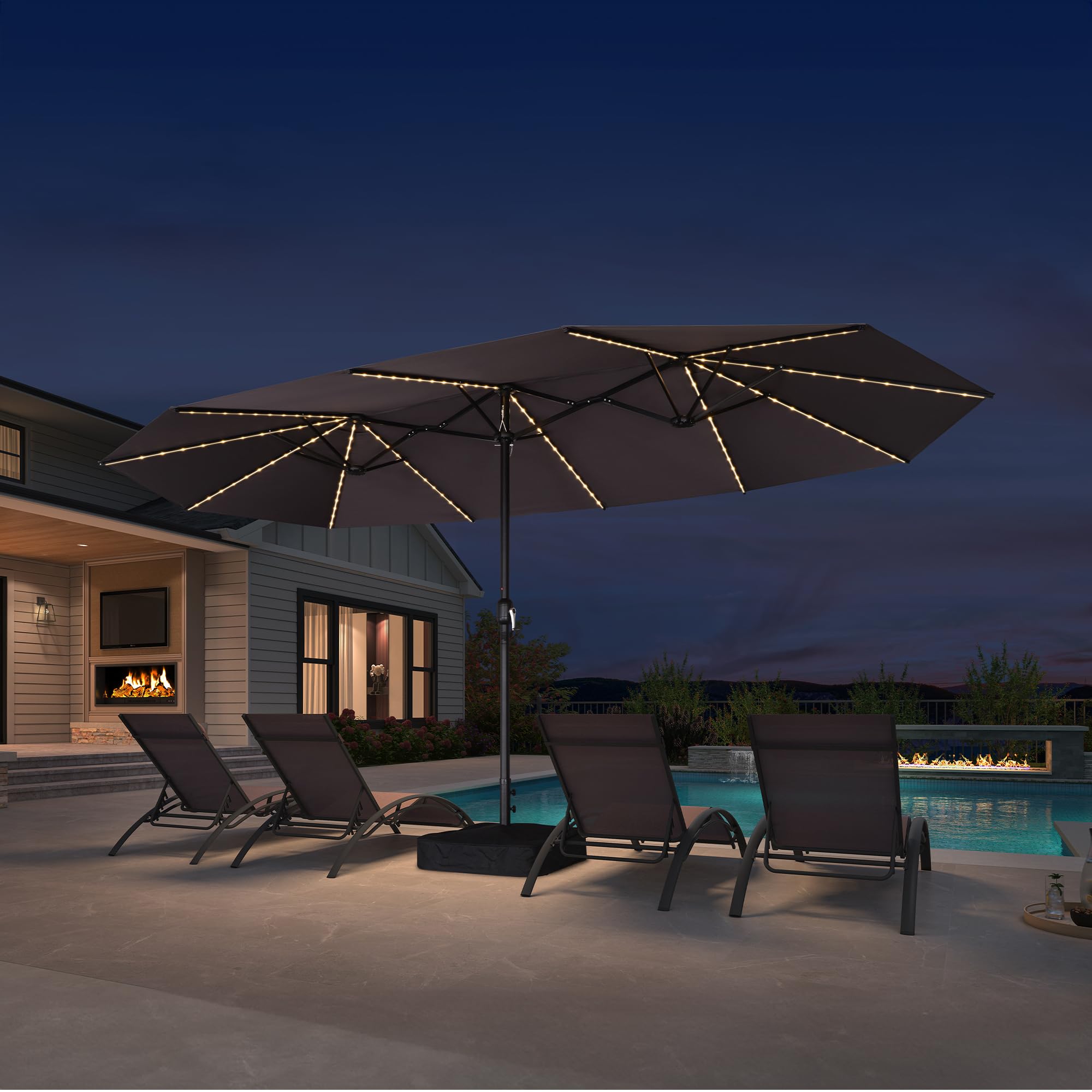 PURPLE LEAF Patio Market Umbrella 15ft with Solar LED and Base