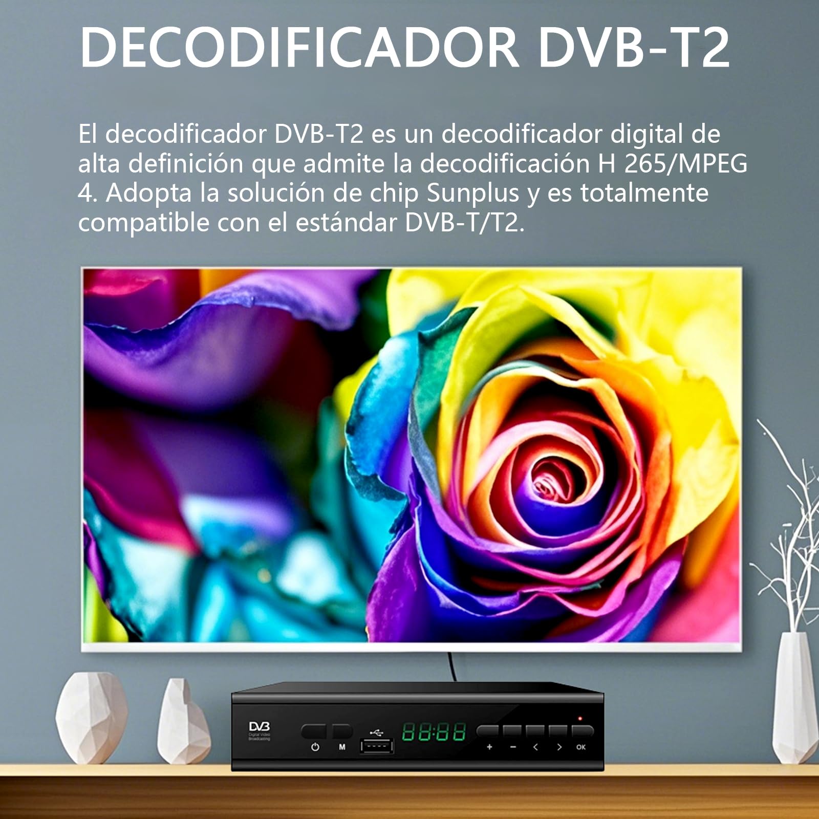 Decodificador TDT HD 2024,Sintonizador TDT HD,Receptor TDT HD,Decodificador DVB-T2,HD 1080P H265 HEVC Principal 10 bit,Soporta ETHERNET/USB WiFi/Proyector/Dolby/PVR/Funciones Multimedia