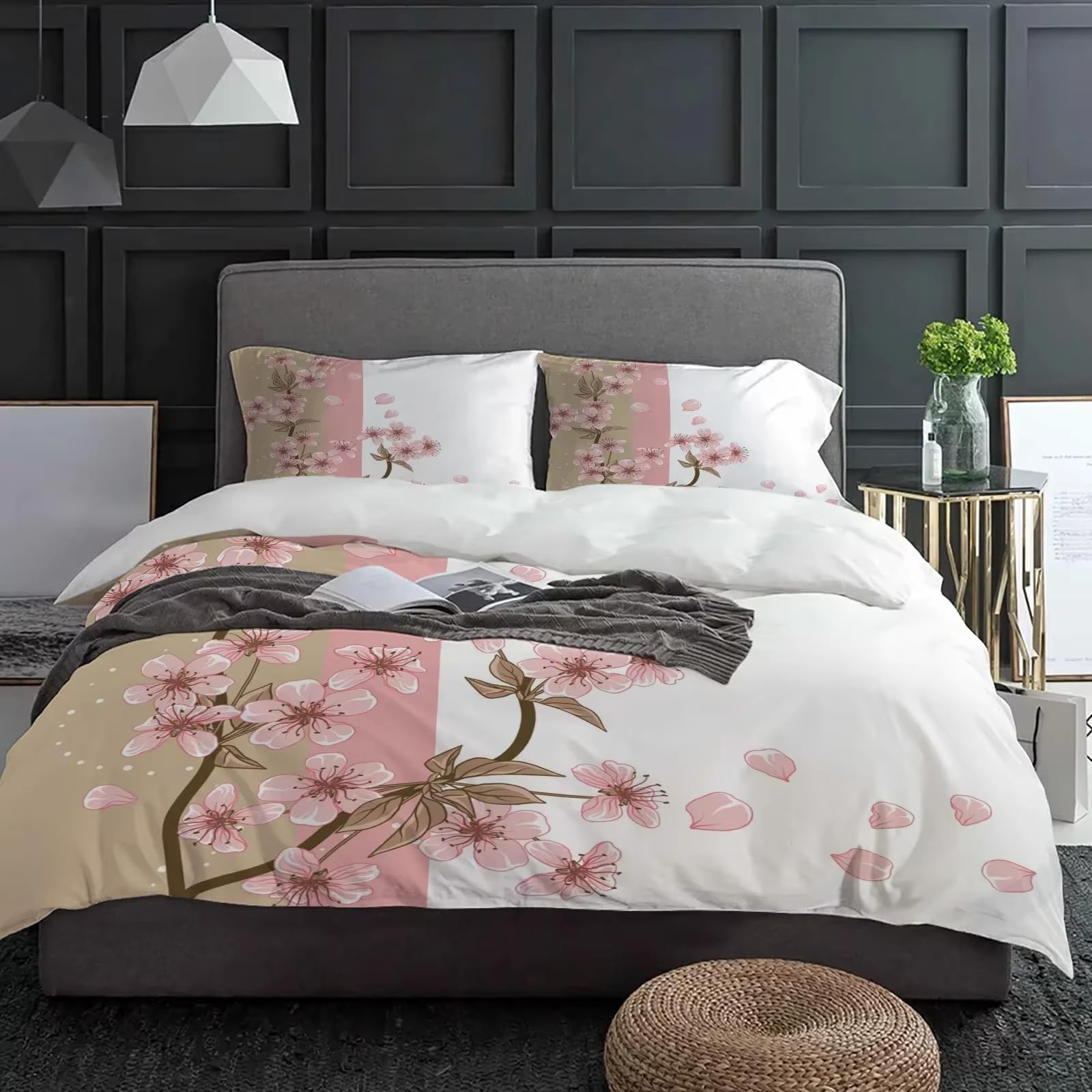 Parure de lit anti-plis pour lit double 135x200, housse de couette imprimée fleurs et feuilles