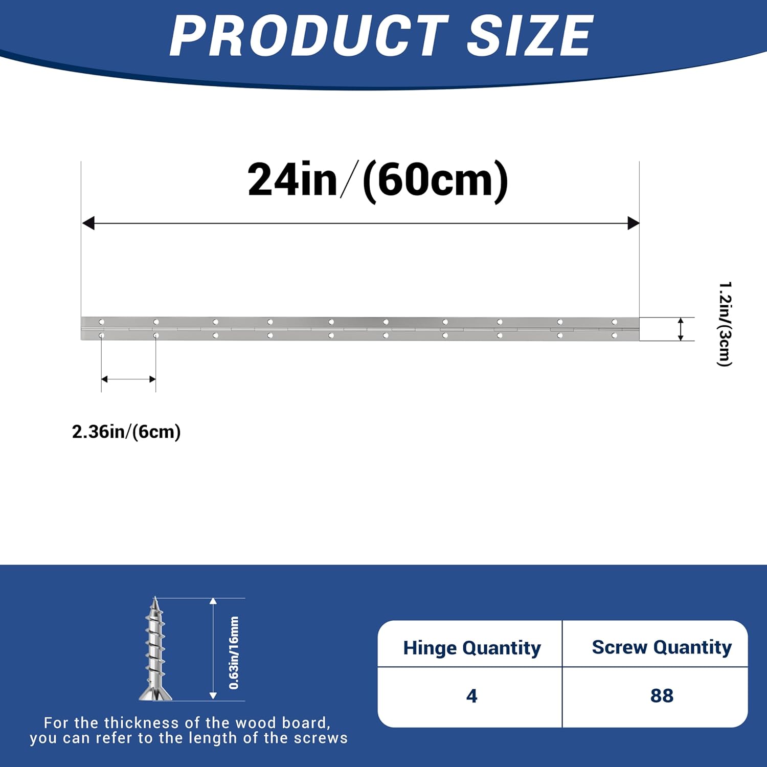 4 pcs continuous & piano hinges?304 stainless steel heavy duty piano 24 inch?60cm? x 1.2 inch?3cm?, 0.047 inch leaf thickness, suitable for piano cabinets, cupboards, and various diy 24 in 4
