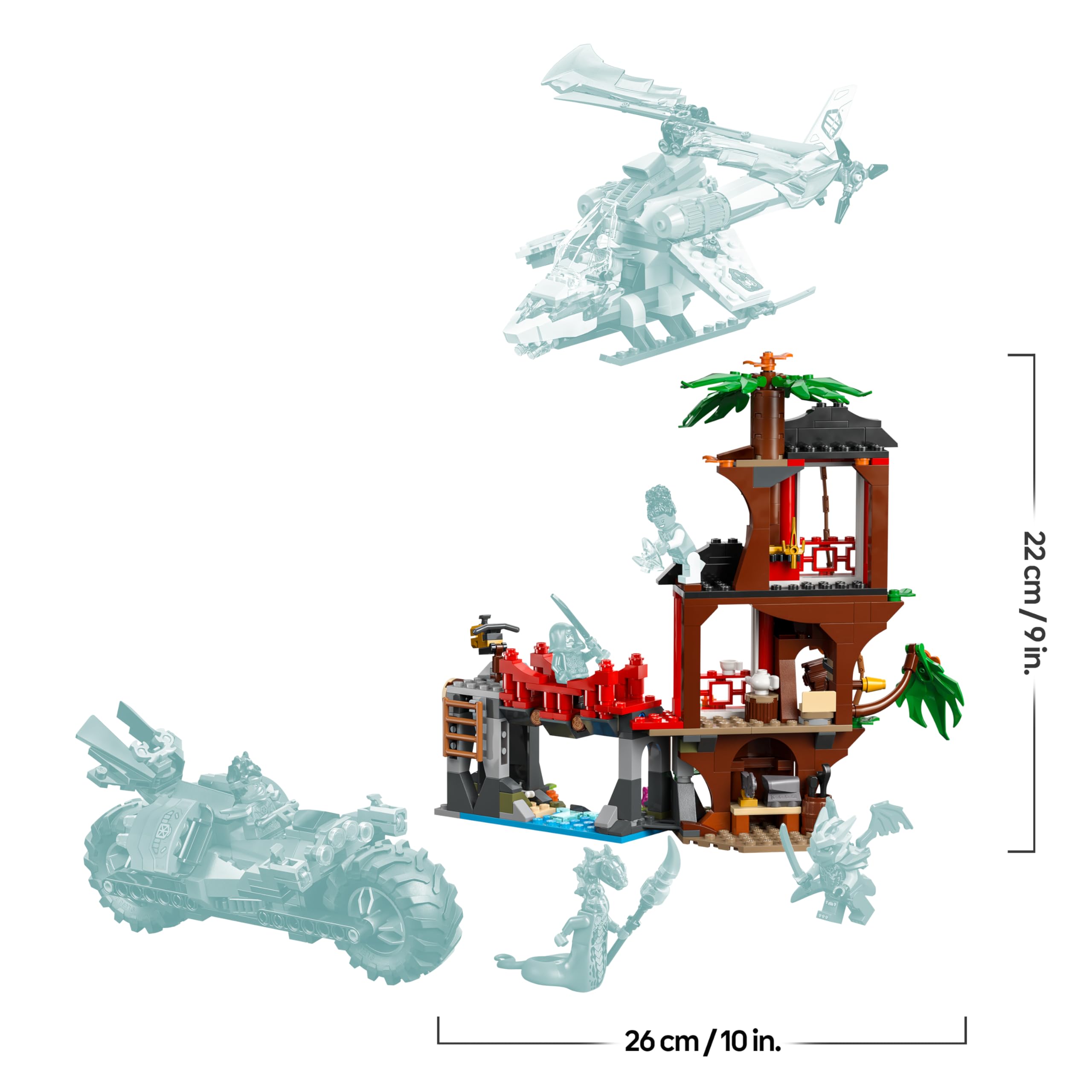 LEGO Ninjago Batalla de Vehículos Ninja Junto a la Casa del Árbol - Moto y Helicóptero de Juguete - Minifiguras de Acción con Armas Ninja - Regalo para Niños 7+ Años - 71857