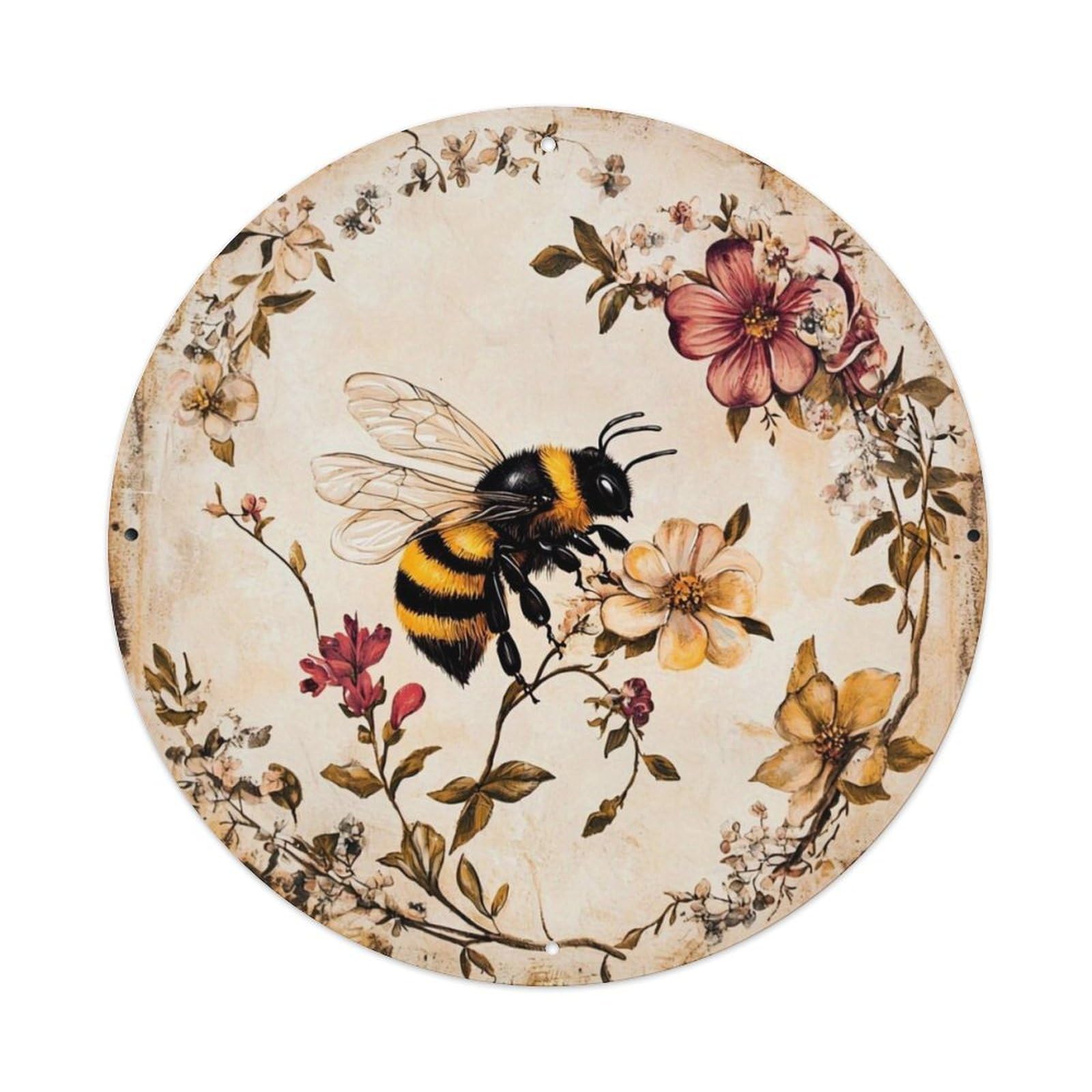 Vintage Bee And Floral Pattern_1 Tin Sign Metal Poster Vintage Metal Signs for Home Man Cave Bar Cafe Kitchen laundry room Wall Decorations 8x8 inches