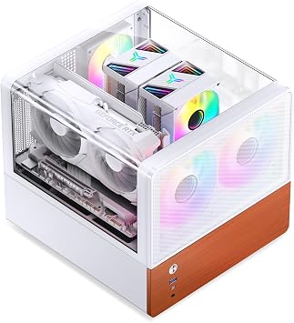 JONSBO V12 White Micro ATX Mid Tower PC Case, Hyperboloid Glass Desktop Design, Separated Cabinet Structure,Walnut Wood,MATX Desktop Computer Chassis, GPU<260mm,ATX PSU,Front 120mm*2Built-in White