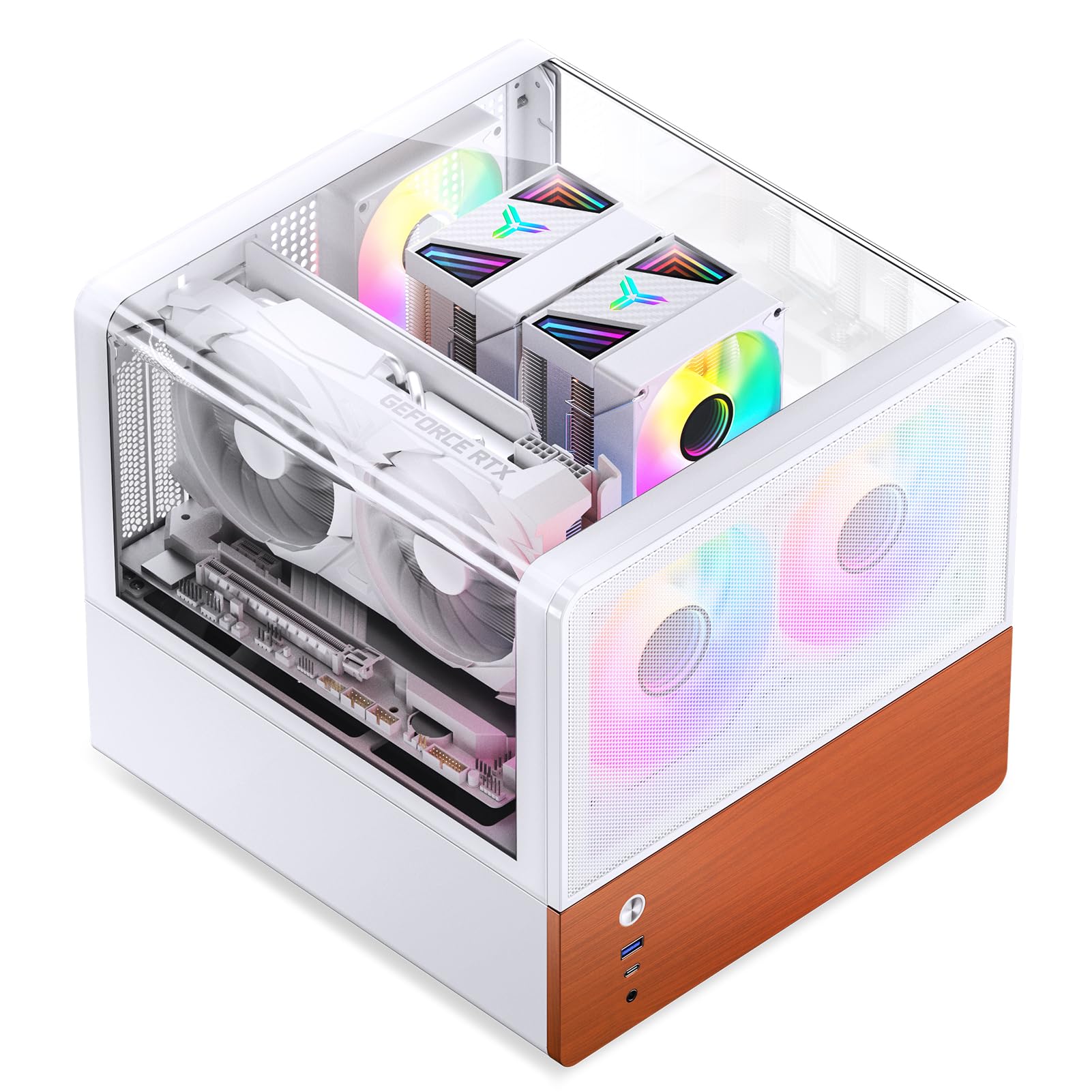 JONSBO V12 White Micro ATX Mid Tower PC Case, Hyperboloid Glass Desktop Design, Separated Cabinet Structure,Walnut Wood,MATX Desktop Computer Chassis, GPU<260mm,ATX PSU,Front 120mm*2(Built-in) White