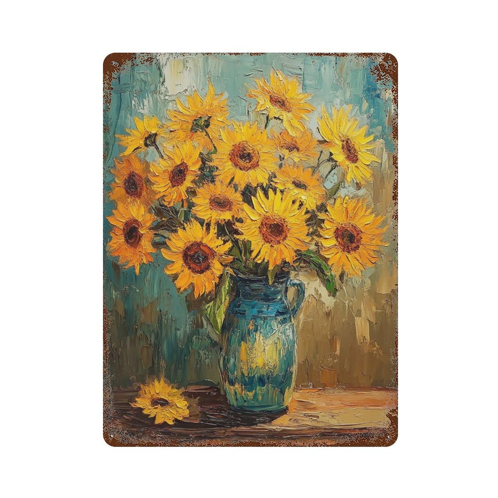 Sunflower Bouquet in Blue Vase-4 Rustic Tin Plaque 15.7"x11.8", Industrial Home Decor for Pub, Kitchen And Man Cave Decor