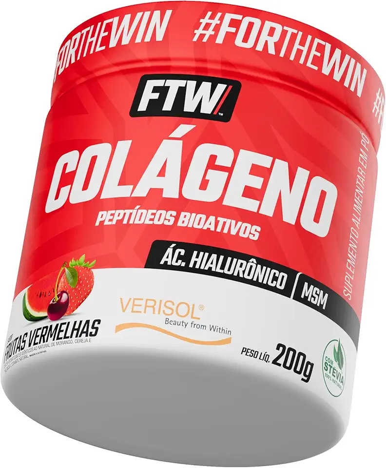 FTW Colágeno Hidrolisado Verisol em Pó 200g, Suplemento com Ácido Hialurônico, MSM, Zinco, Selênio e Cromo – Saúde da Pele, Cabelos e Unhas, Adoçado com Stevia, Sem Glúten (Frutas Vermelhas)