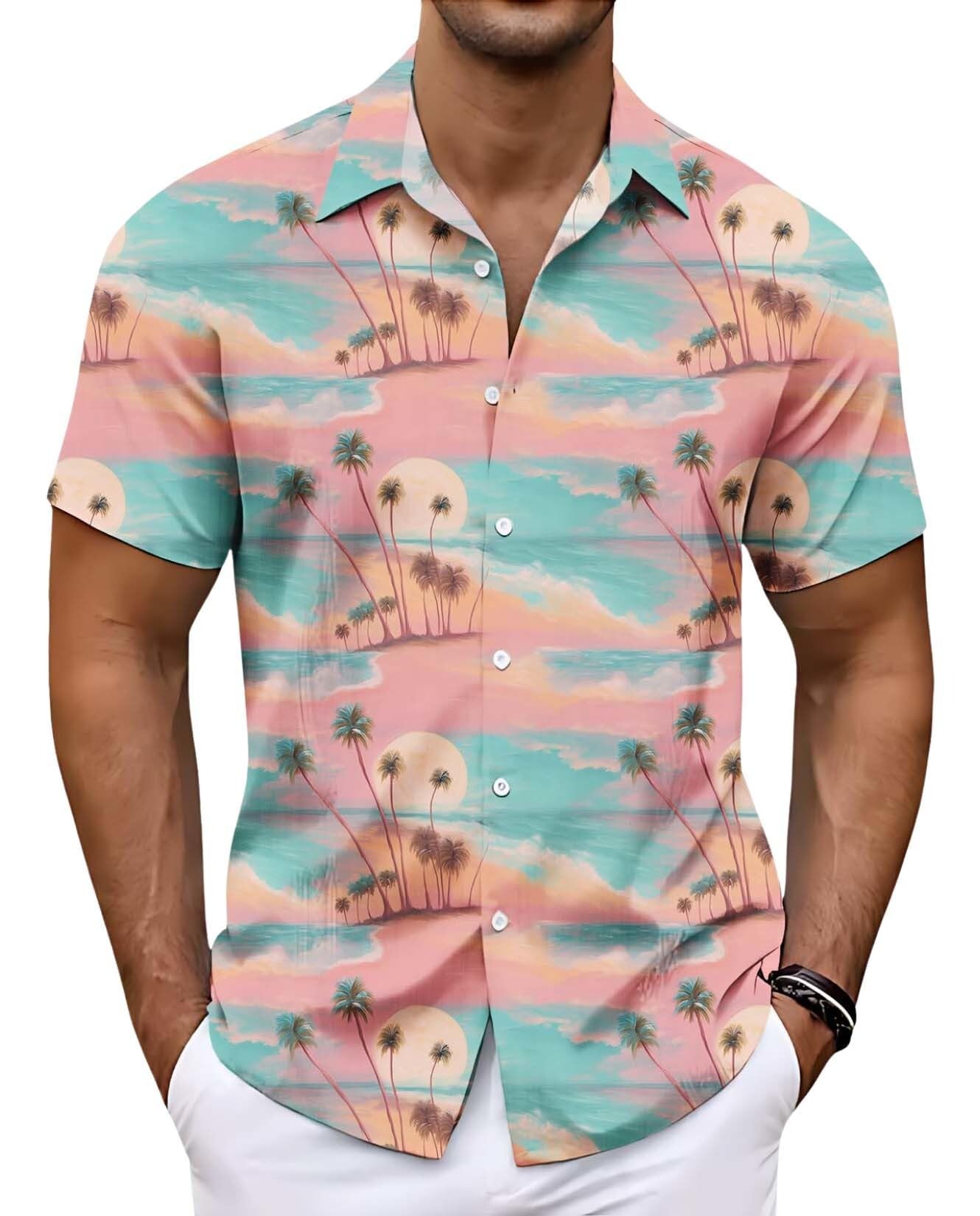 Beach Plant Theme Mens Shirts Casual Short Sleeve Button Down Shirt Beach Summer Vacation Holiday Wedding Tops
