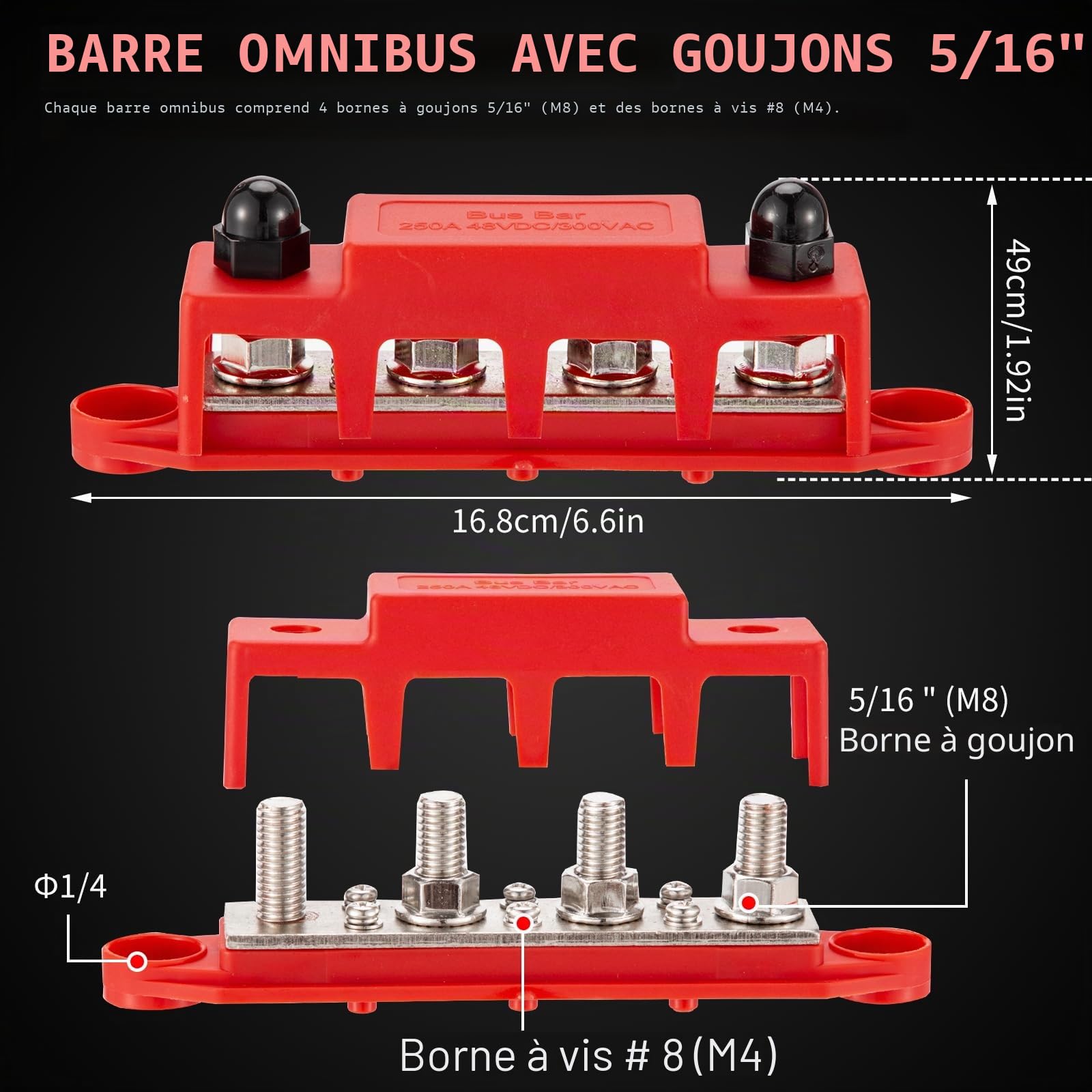 Barre de Distribution D'alimentation 12V-48V 250A 4 Goujons M8 5/16 3 Bornes à Vis M4 Bus Bar Bornier Bloc Distribution D'énergie avec Couvercles pour Voitures, Bateaux, Yachts (Rouge, Noir)