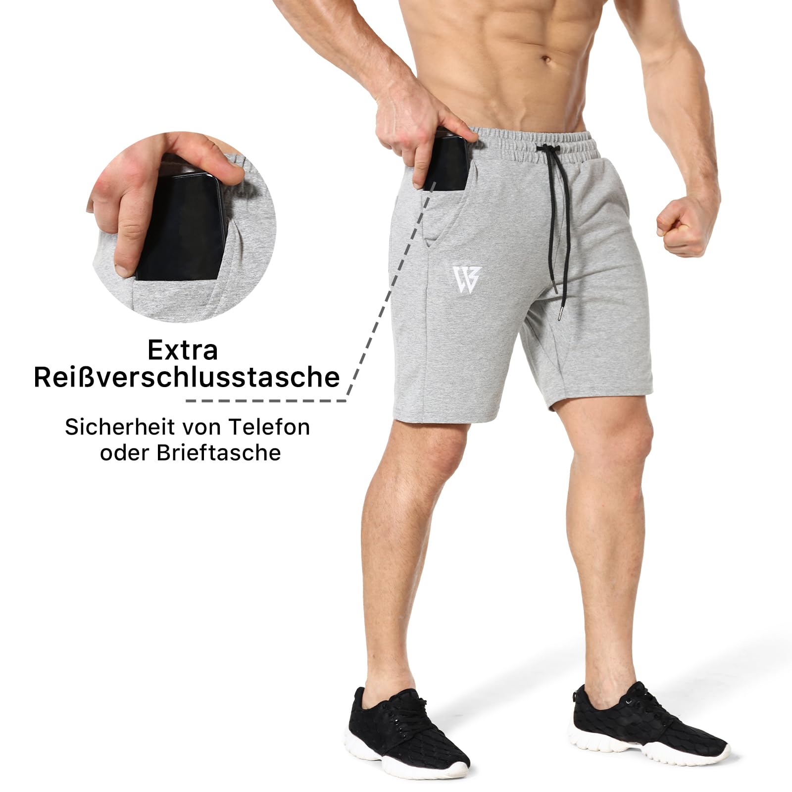 BROKIG Baumwolle Sporthose Herren Kurz Fitness Gym Shorts | Sport Shorts Herren Slim Fit, Training Shorts mit Reißverschlusstasche, Atmungsaktiv Trainingshose Herren Kurz