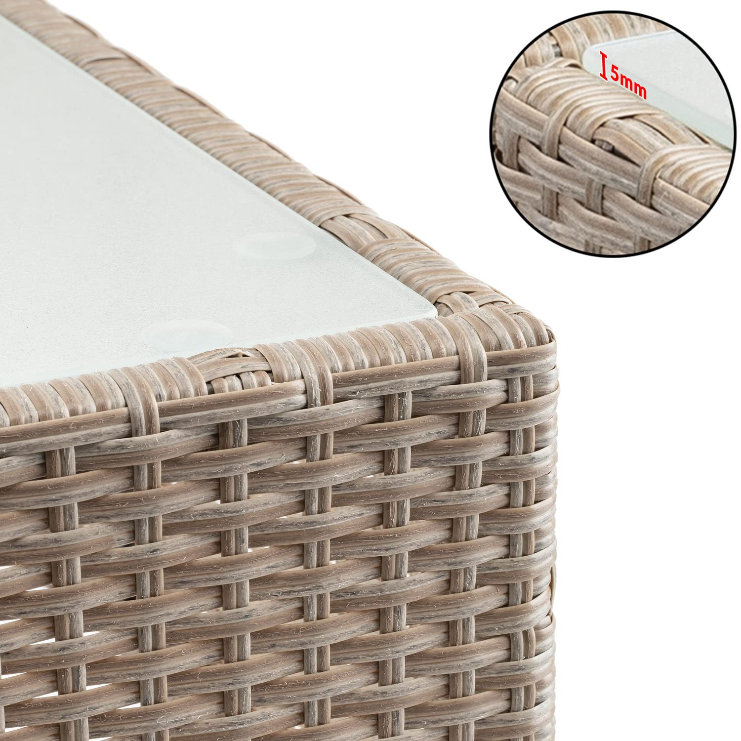 CASARIA® Mesita de Centro Poliratán 58x58x42cm Carga hasta 80Kg Mesa Auxiliar Jardín Ajustable en Altura Tablero Vidrio Resistente Intemperie Crema