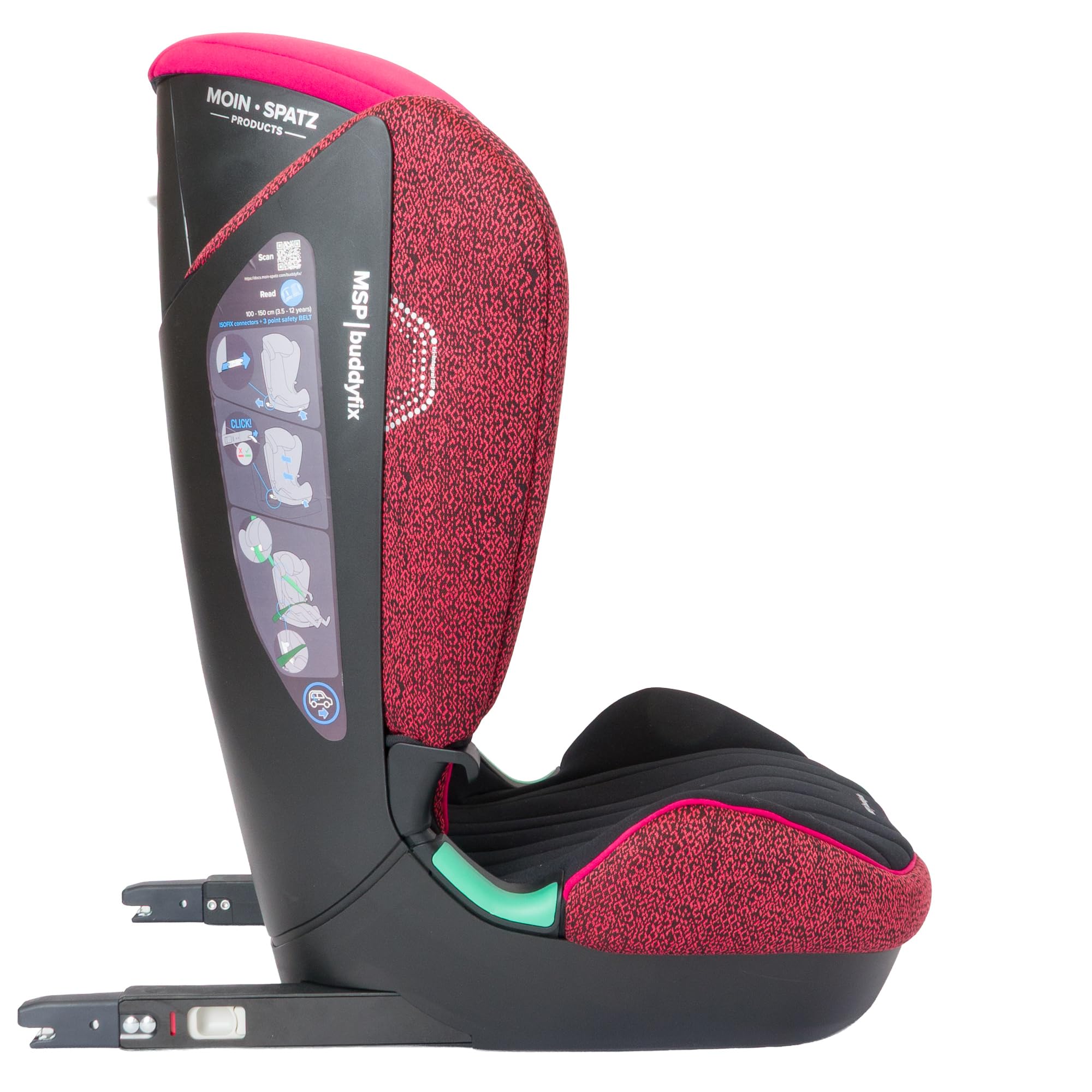 buddyfix Kindersitz 15-36 kg, 100-150 cm, ab 3 Jahre, Pink/Schwarz | Sitzerhöhung Auto Kinder mit Rückenlehne, für Autos mit und ohne Isofix, mitwachsend, UN R129, MSP, Moin Spatz Products