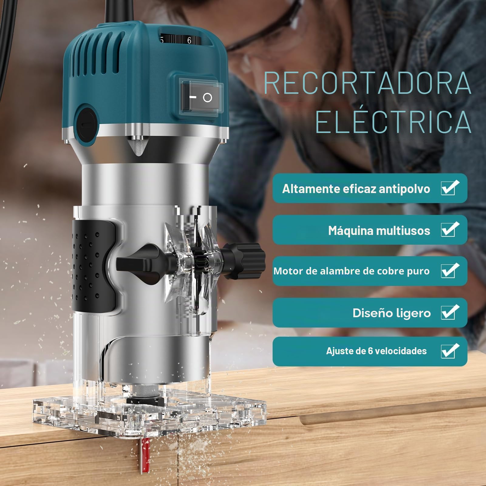 Fresadora eléctrica de madera con una sola mano, 1000 W, 30000 rpm, con 15 cabezales de fresado, 6 velocidades, fresadora con cierre rápido, ligero, resistente al polvo, motor de cobre