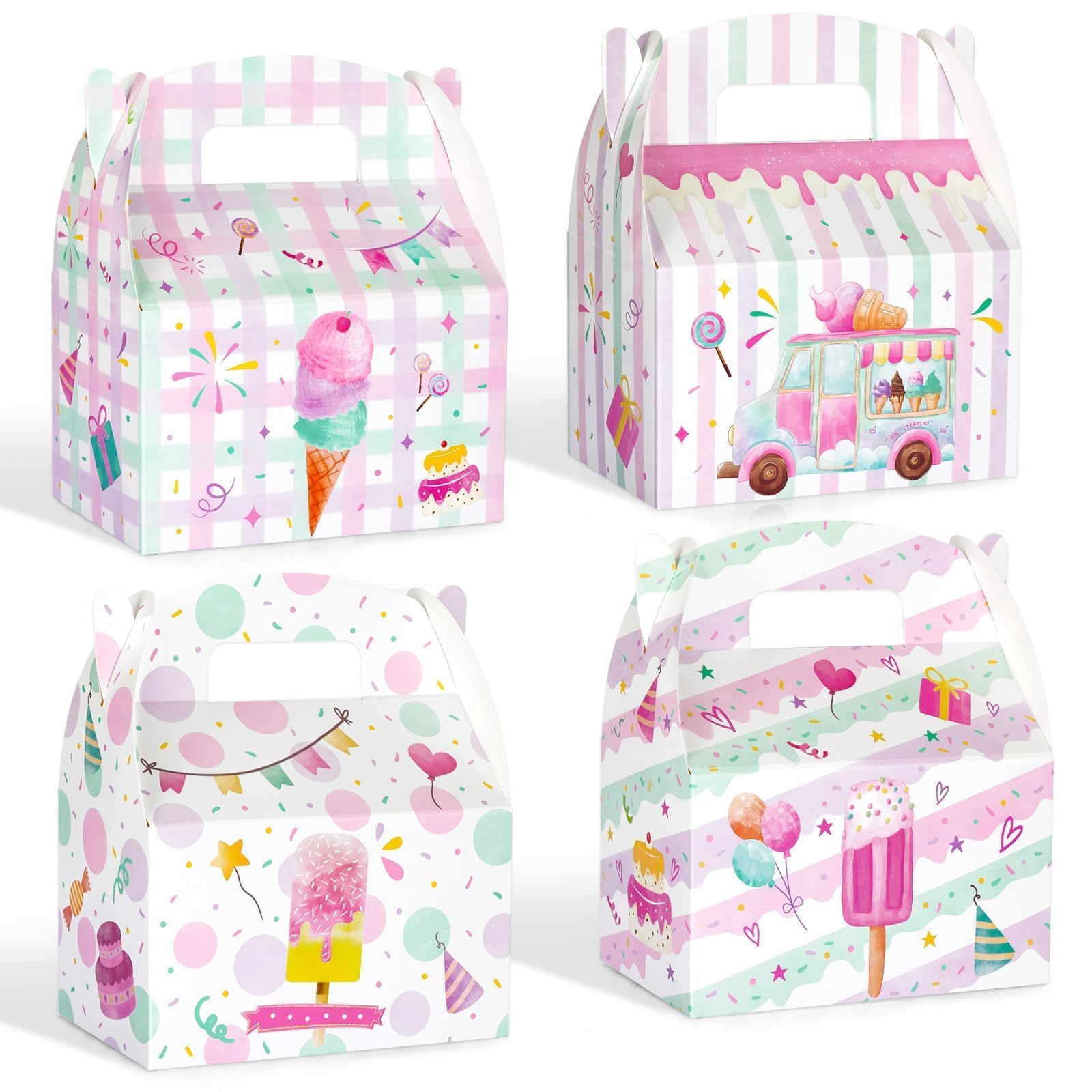 WERNNSAI 12 Pcs Ice Cream Party Favor Boxes - Ice Cream Birthday Decorations Pink Summer Popsicle Gable Treat Goodie Boxes for Birthday Holiday Decoration