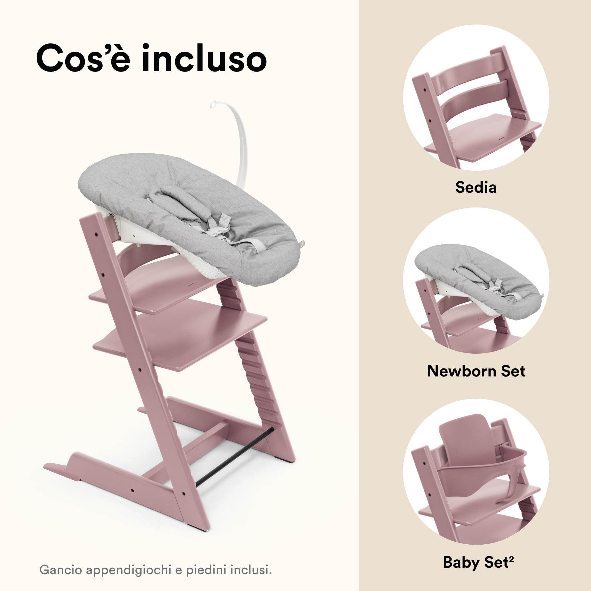 Seggiolone Tripp Trapp di Stokke, Heather Mauve (Include Sedia + Baby Set 2) con Newborn Set (Grey) - Design Sicuro, Regolabile, Ergonomico