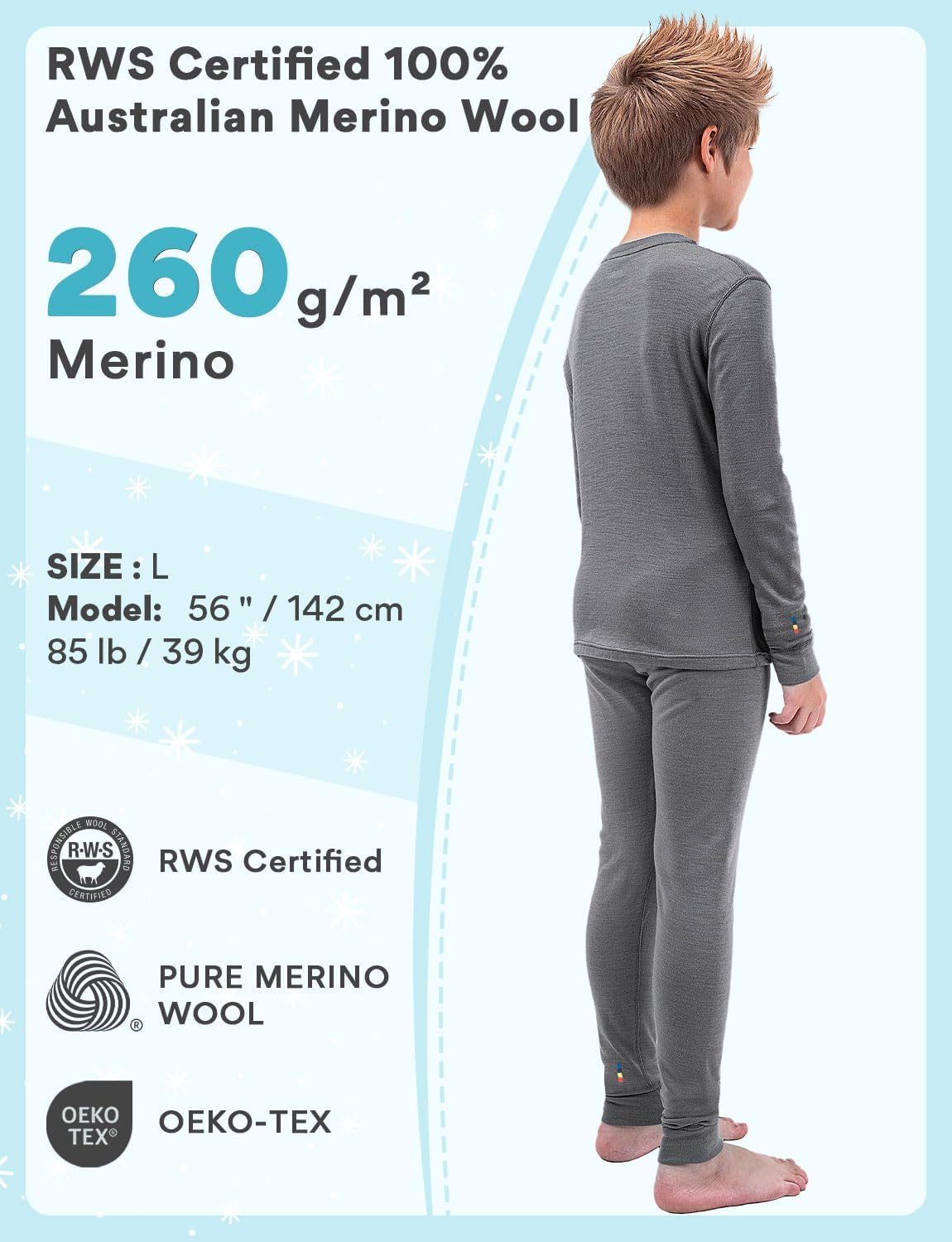 100% Merino Wool Base Layer Set Kids Boys Thermal Underwear Long Johns Fleece Lined Cold Weather Skiing Hiking