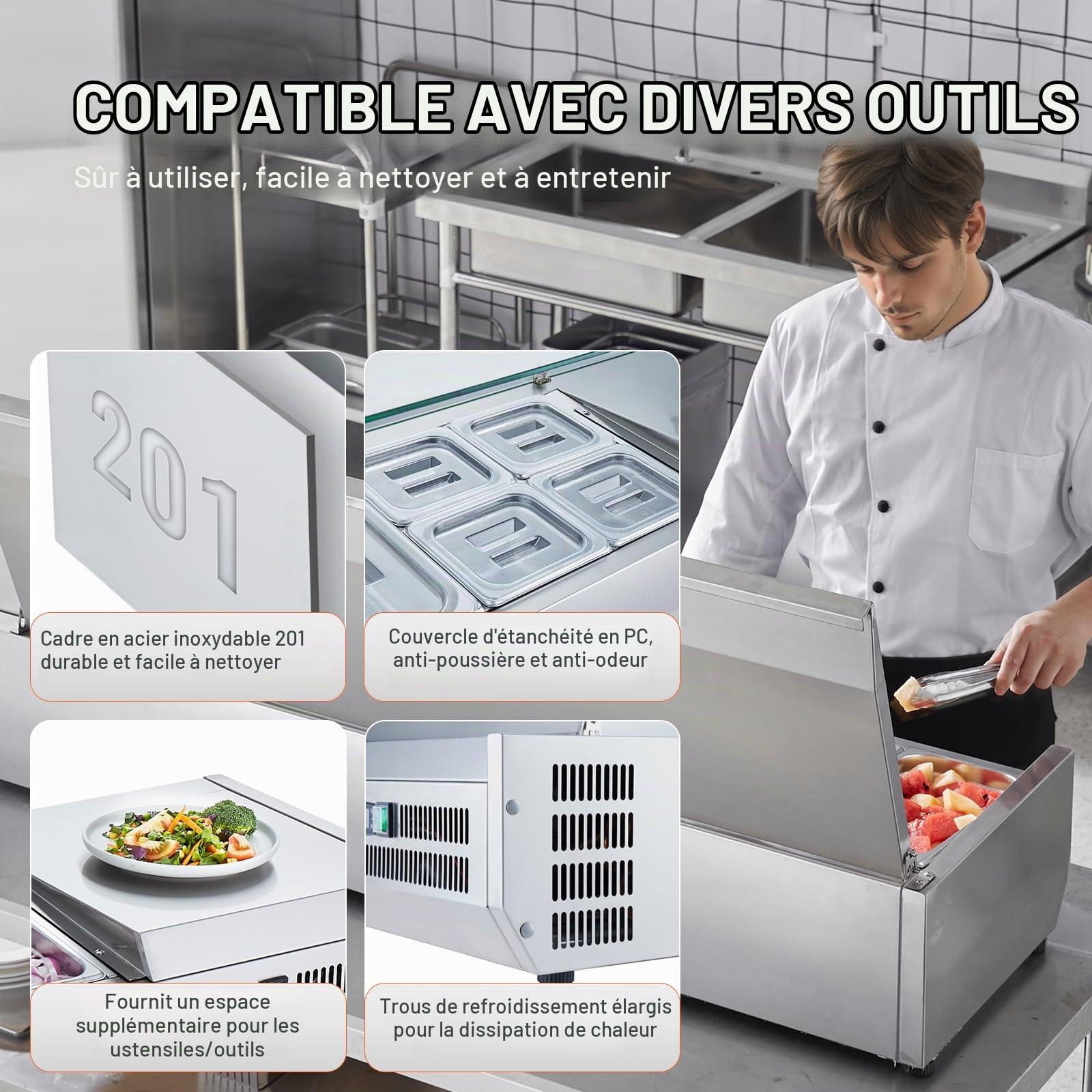 VEVOR Saladette Réfrigérée à Poser 165 W, Vitrine Réfrigérée pour Pizzeria, avec 5 1/3 Casserole et 4 1/6 Casseroles, Corps en Inox 304, Couvercle en PC, Protection en Inox, pour Ingrédients Cuisine