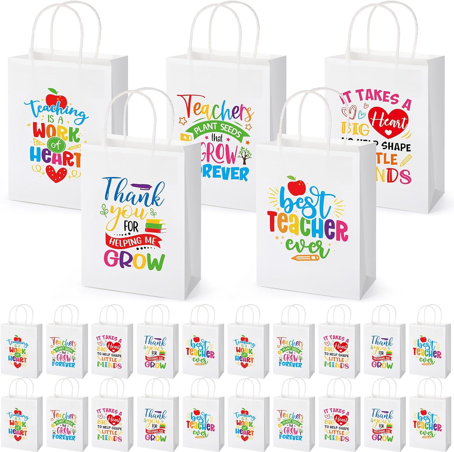Skyygemm 100 Pcs Teacher Christmas Paper Bag Bulk Thank You Gifts Wrap Bags with Handle for Appreciation Gift Birthday End of Year Teacher Day, 8.27 x 5.91 x 3.15(White)