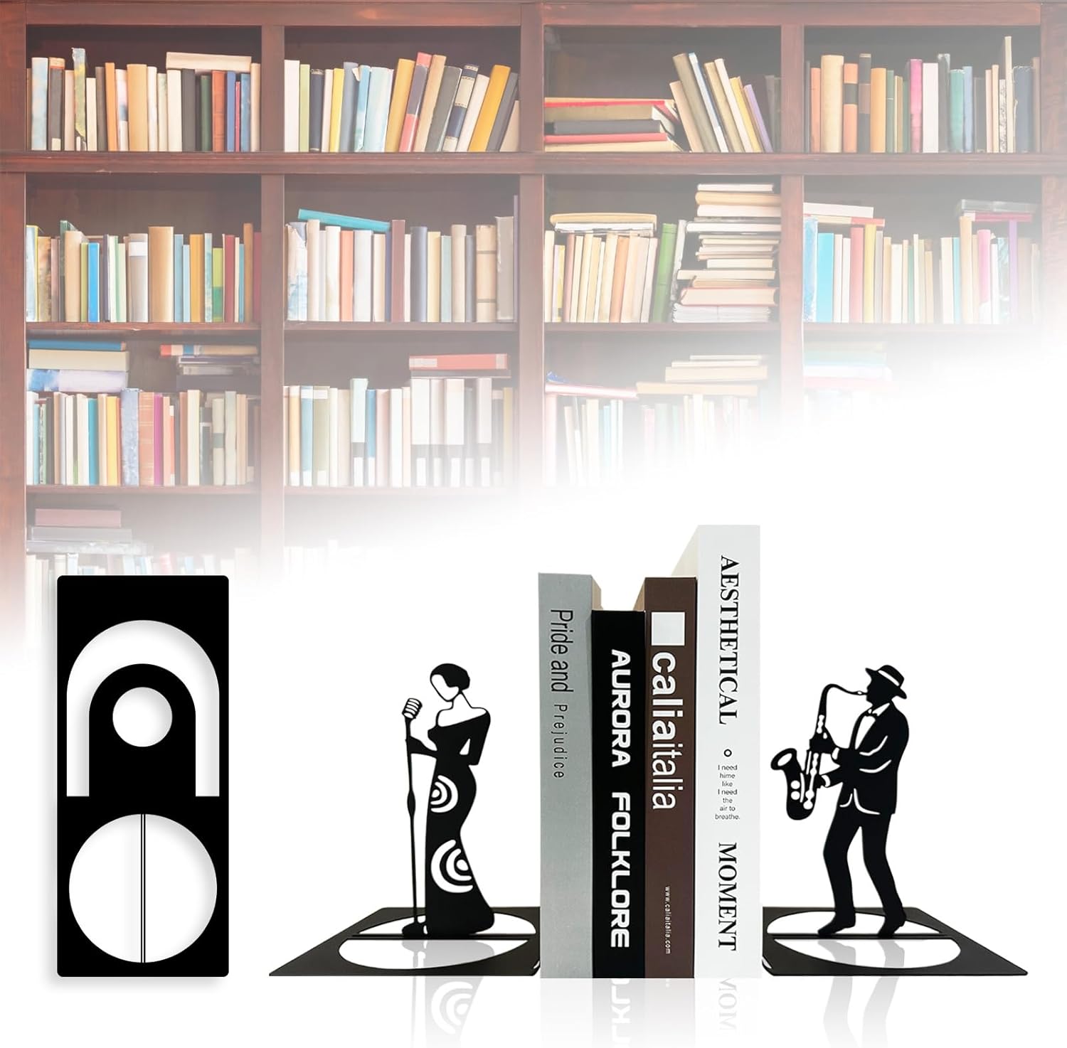 Jazz Band Metal Bookends, Music Bookends, Musical Instrument Book Ends, Singer and Saxophone Player Shelf Decor, Musician Book Stand, Black Book Holders for Home Office