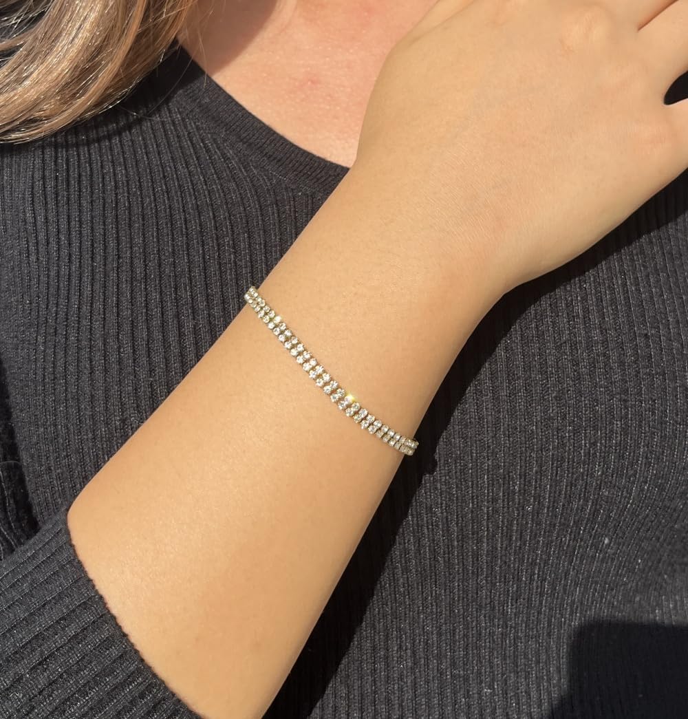 WangGao Dual Row Stainless Steel Rhinestone Tennis Bracelets for Women | Sparkling Crystal Tennis, Cubic Zirconia, Bridal Wedding Bridesmaid, For Women