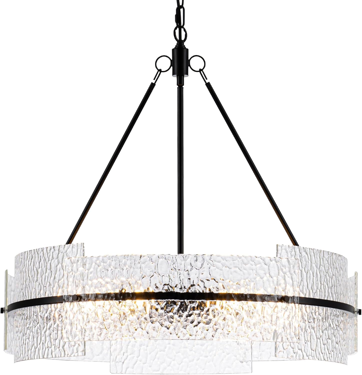 MAYNA Modern Black 6-Light Chandelier, 25.6" Textured Glass Drum Chandelier for Dining Room, Adjustable Hanging Light Fixture with E26 Base for Kitchen Island, Living Room, Bedroom, Entryway