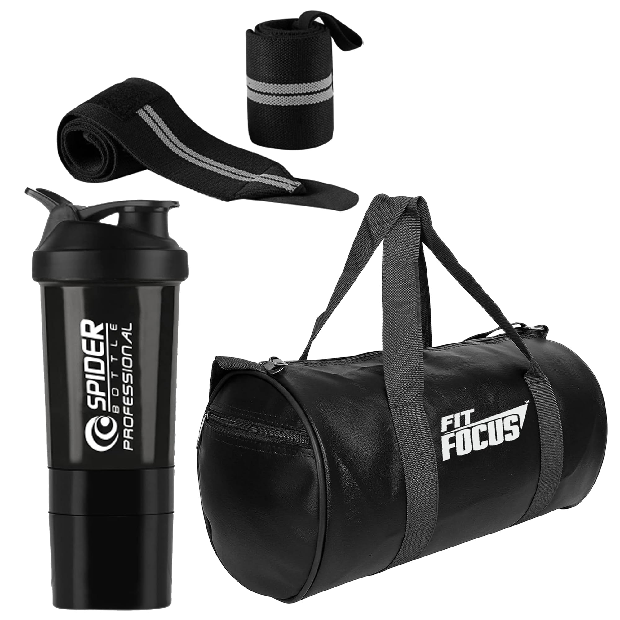 Fit Focus Combo of Duffle Gym Bag with Shoe Compartment, Gym Wrist Band, Gym Shaker 700ML Shaker Bottle, Gym kit for Men and Women | Gym Bag | Protein Shaker | Wrist Support Band | Gym Shaker (Black)-image-48