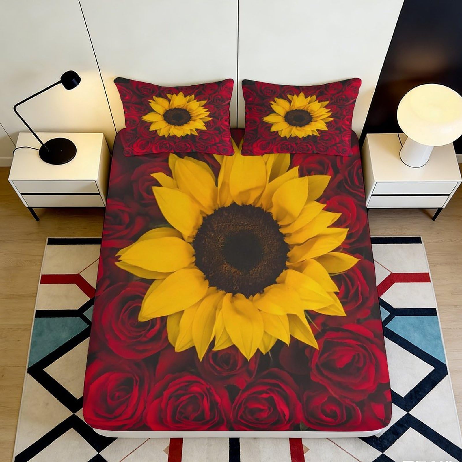 3D Printed Sunflower Fitted Sheet Microfiber with Red Rose Bed Cover for Bedroom Dormitory Guest Room Mattress Protection and Decoration 120x200x25cm