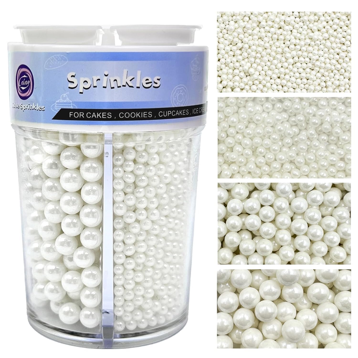 Essbare Weiße Zuckerstreusel & Zuckerperlen (130g) - In 4 Vorsortierten Größen (2,4,7,10mm) für Eis, Torten, Cupcakes & Kekse - Perfekte Perlen Streusel Deko für Hochzeit & Geburtstag