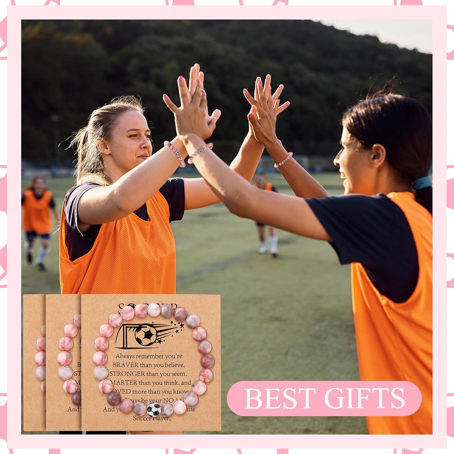 12 Pcs Sport Bracelets Team Gift Lava Stone Black White Beaded Bracelet with Inspirational Card for Sport Party Favor - Image 4