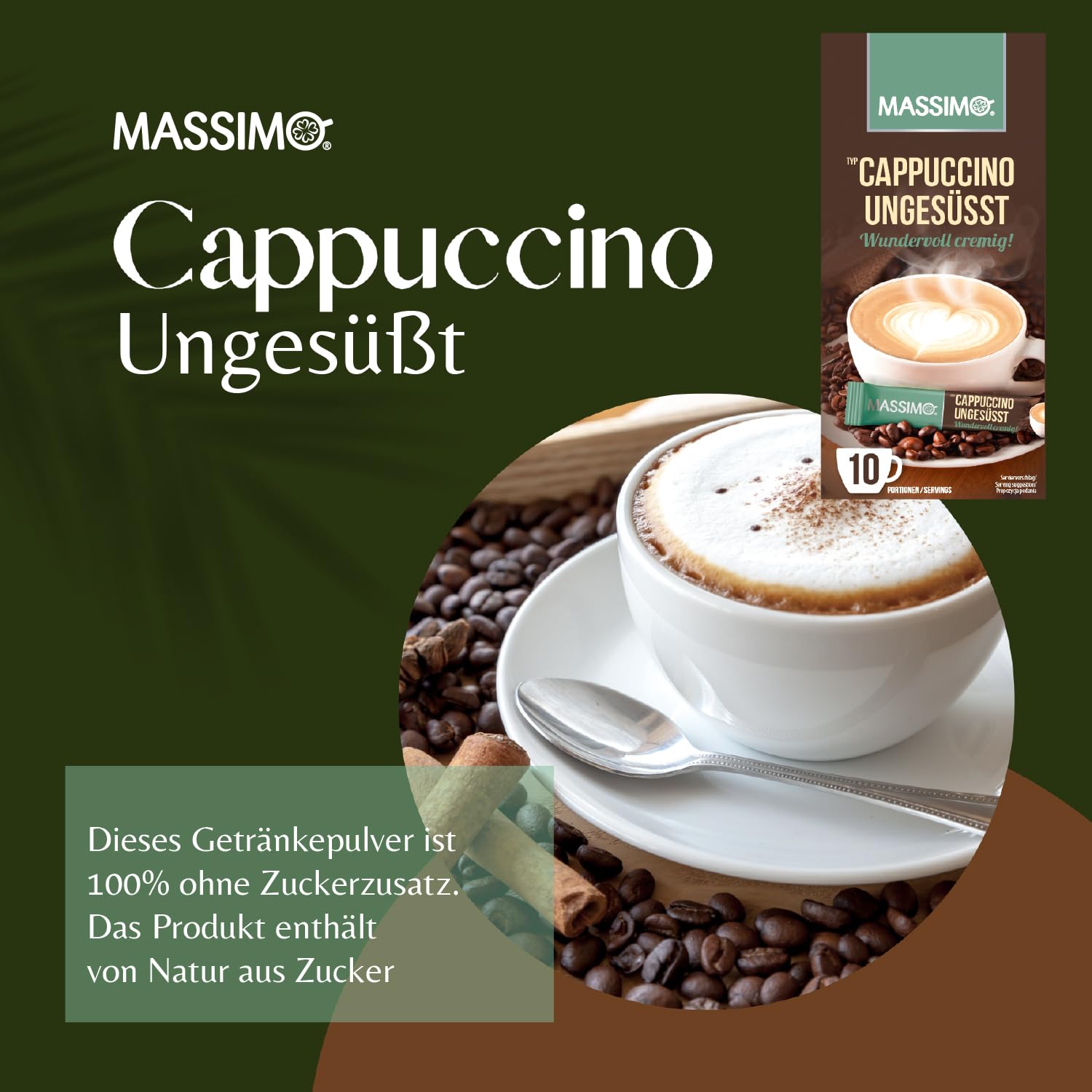 MASSIMO Cappuccino niesłodzone, 160 patyczków, 16 x 10 patyczków po 12,5 g, opakowanie ekonomiczne, rozpuszczalna kawa ziarnista, kakao, bez cukru, szybkie przygotowanie, zawiera kofeinę, kawa