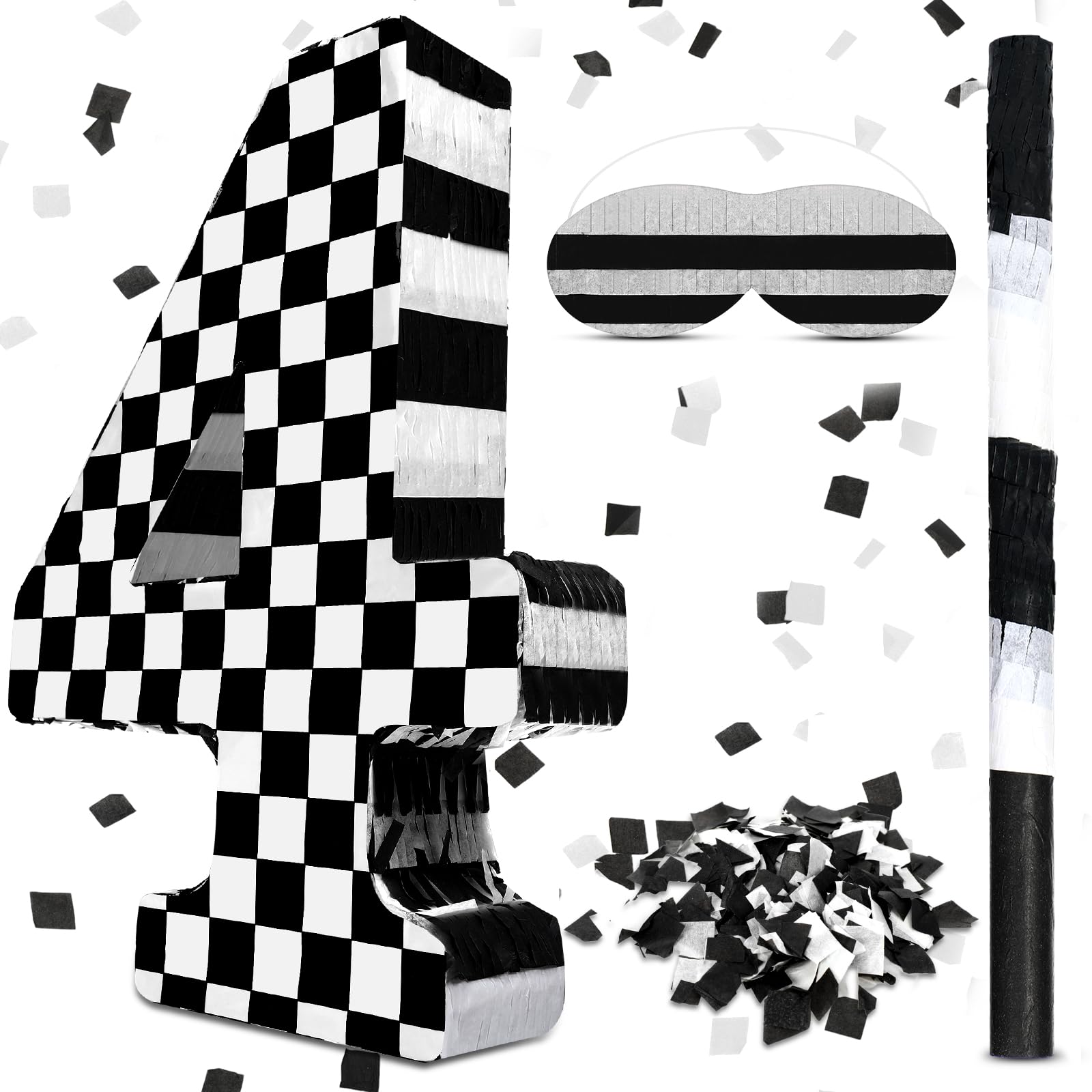 Lewtemi Número de coche de carreras, piñata, número pequeño a cuadros, decoración de fiesta de cumpleaños, número decorativo blanco y negro con máscara de ojos de confeti para celebración de niño,