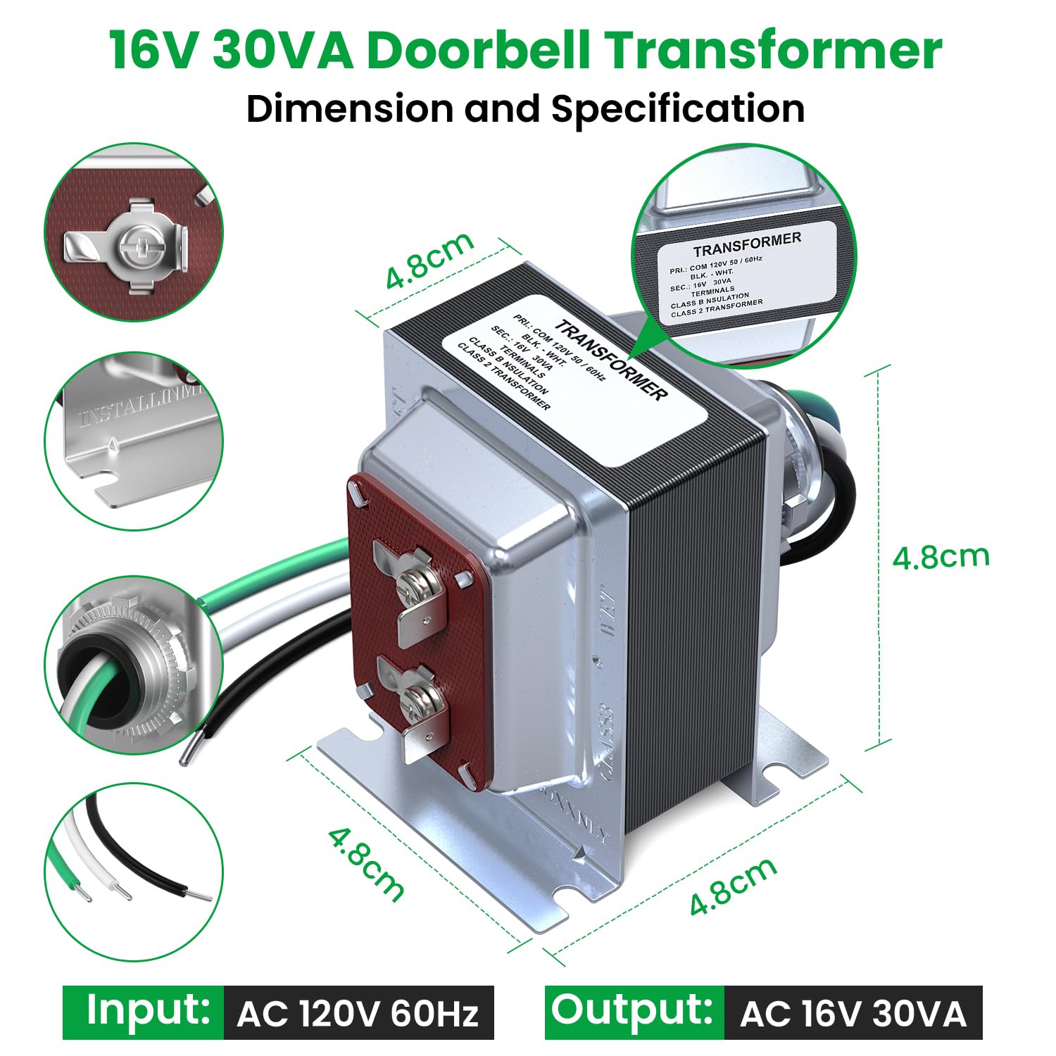 Doorbell Transformer 16V 30VA Compatible with Ring Wired Video Doorbell, Ring Doorbell Replacement Part Door Bell Transformer for Wired or Wireless Chimes, Safe UL Listed Wired Doorbell 30VA
