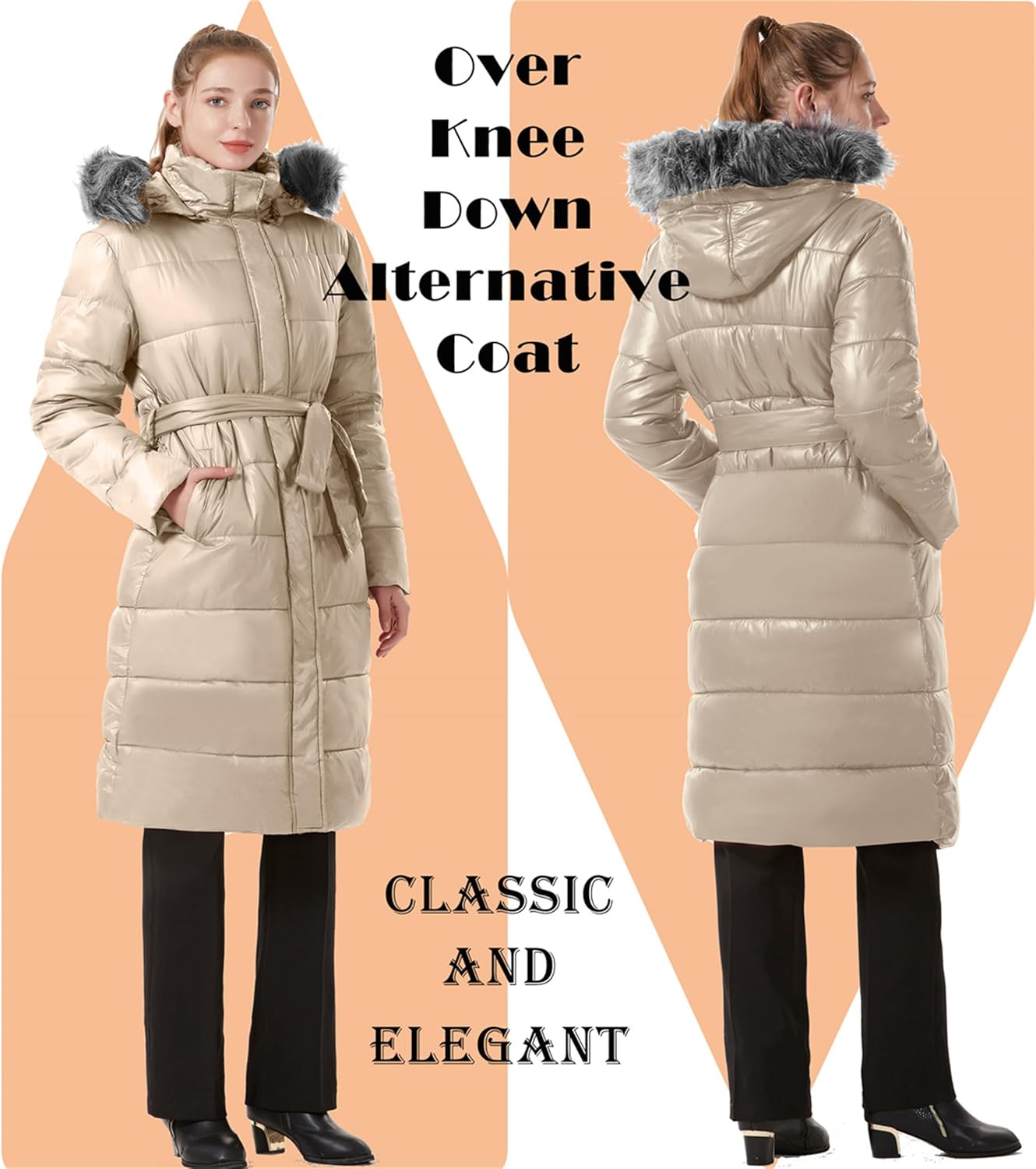 GGleaf Women's Long Winter Jacket Metallic Shiny Puffer Warm Coat With Faux Fur Detachable Hood