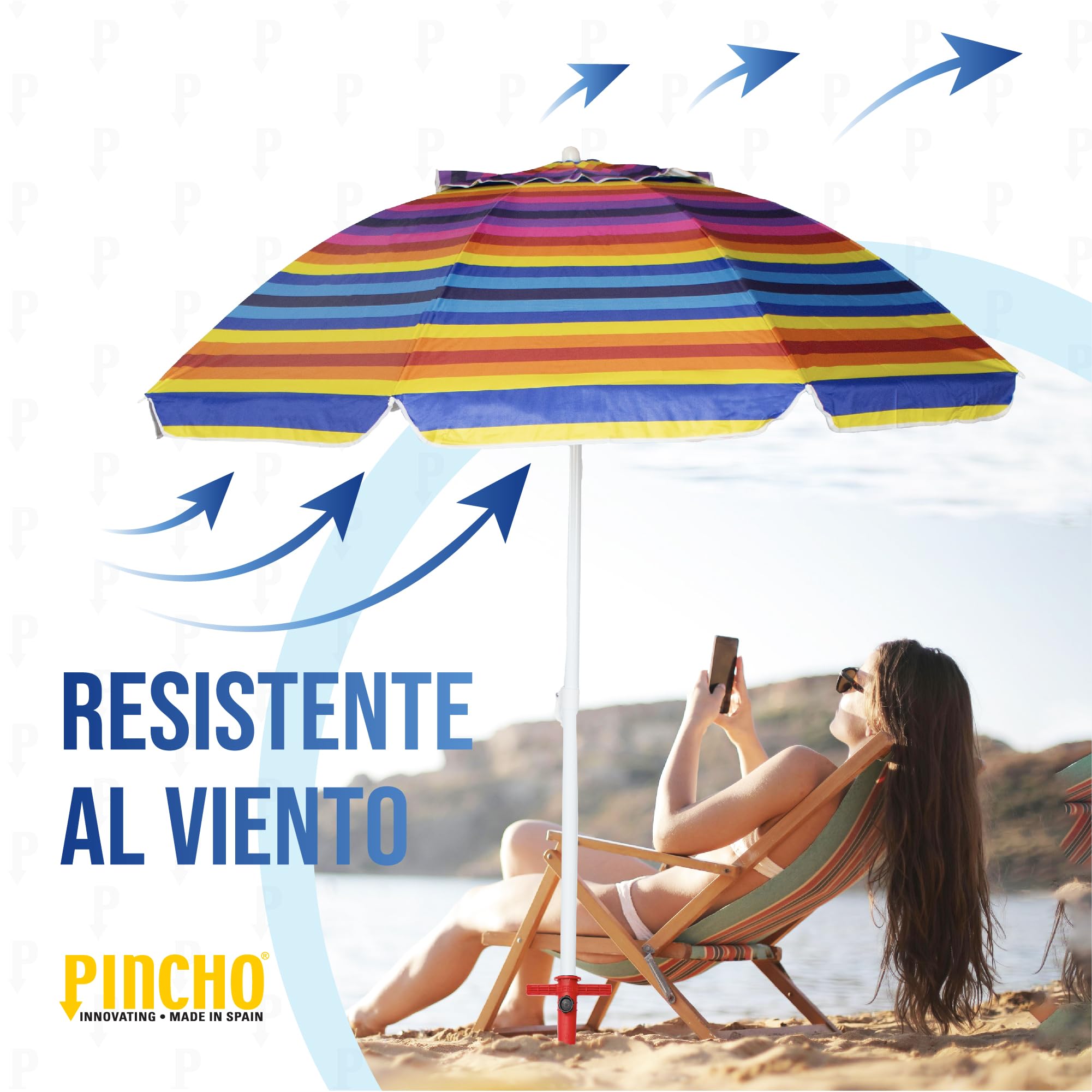 Pincho Parasol de plage à rayures multicolores 200 cm Support inclus, protection UV50+, inclinable et hauteur réglable, 8 baleines en fibre de verre, tube métallique résistant au vent