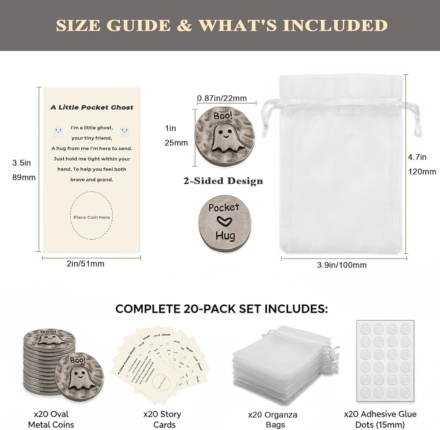 20 Sets Pocket Hug Token Bulk with Greeting Cards - Cute Ghost Comfort Coin for Anxiety Relief, Thinking of You Gifts for Friends Coworkers Students - Miniature Ghost Decor