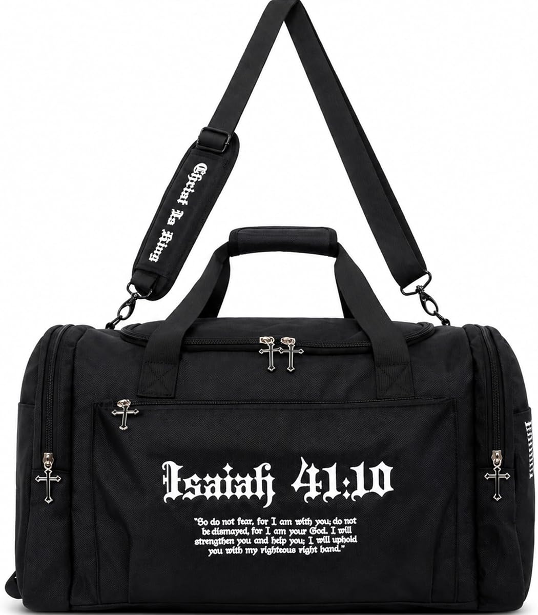SAINT KAIZEN Fear Not Christian Embroidered Duffle Bag - Isaiah | 41:10 Verse, Six Pockets, Custom 3D Cross Zippers, Embroidered Christ is King Shoulder Strap, Premium Gym Bag