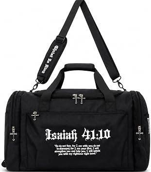 SAINT KAIZEN Fear Not Christian Embroidered Duffle Bag - Isaiah | 4110 Verse, Six Pockets, Custom 3D Cross Zippers, Embroidered Christ is King Shoulder Strap, Premium Gym Bag