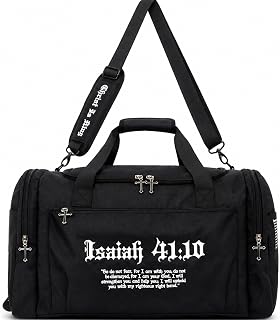 SAINT KAIZEN Fear Not Christian Embroidered Duffle Bag - Isaiah | 41:10 Verse, Six Pockets, Custom 3D Cross Zippers, Embroidered Christ is King Shoulder Strap, Premium Gym Bag