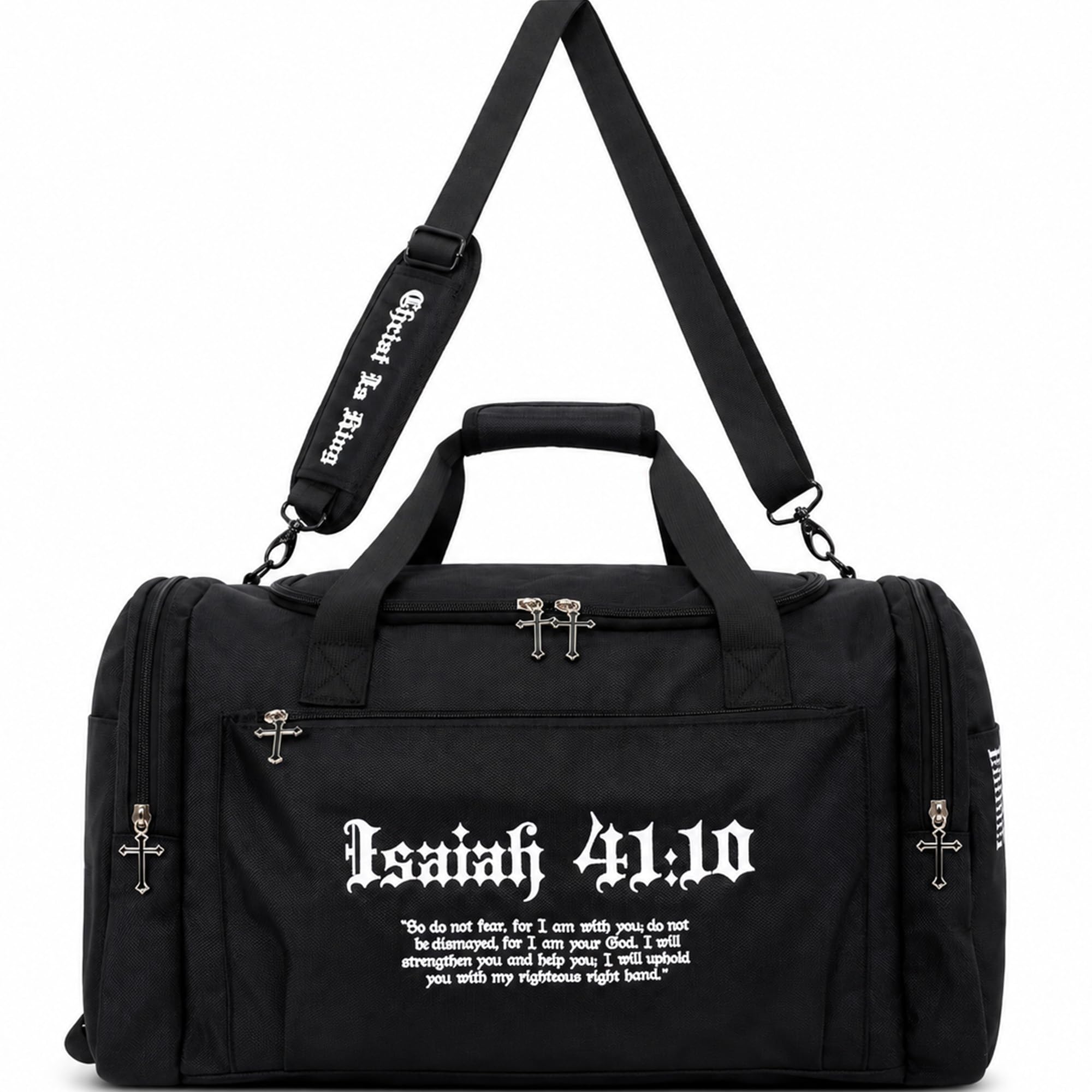 SAINT KAIZEN Fear Not Christian Embroidered Duffle Bag - Isaiah 41:10 Verse, Six Pockets, Custom 3D Cross Zippers, Embroidered Christ is King Shoulder