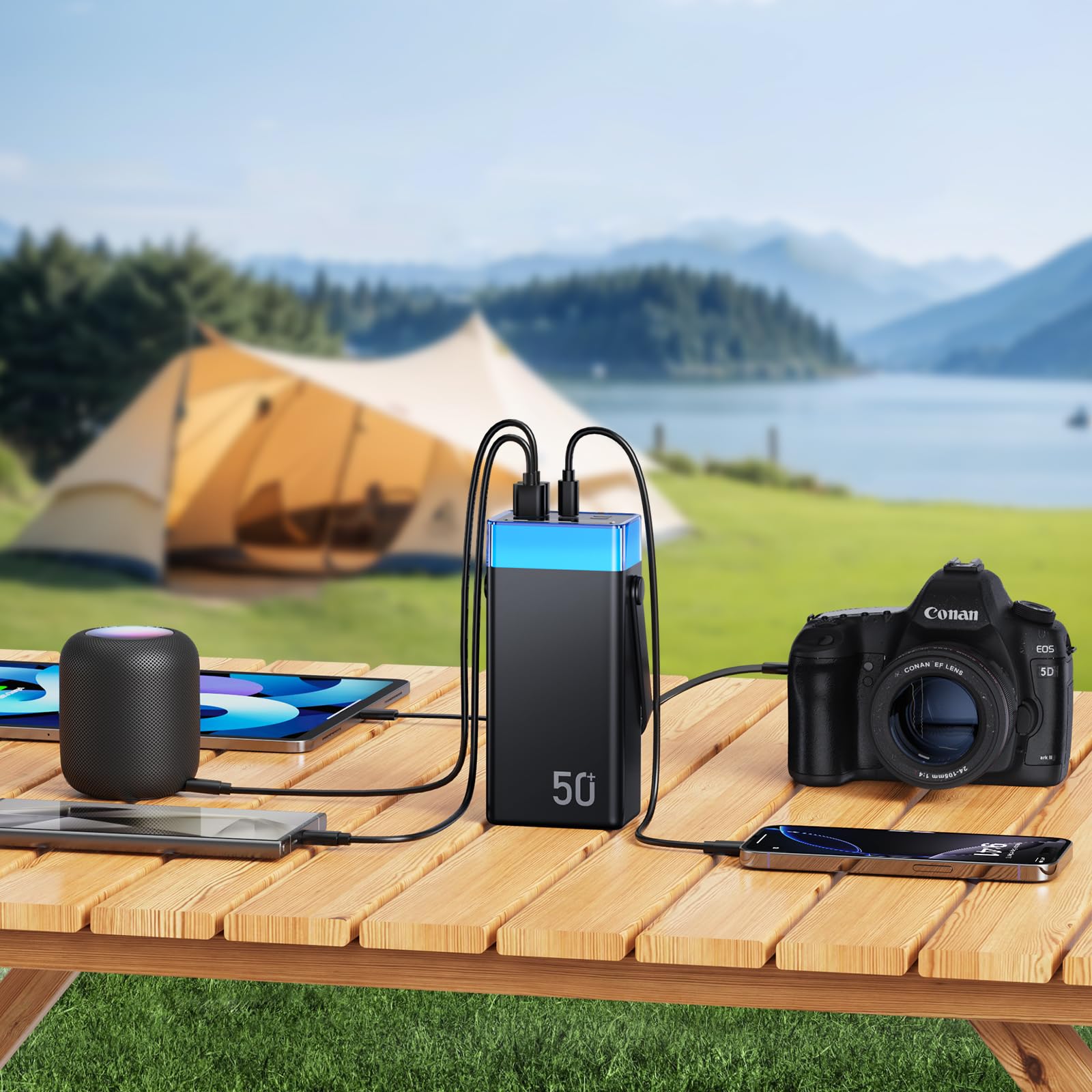 2026 Powerbank 50.000 mAh grande, 22,5W USB-C Quick Charger, Power Bank con 3 cables, 5 salidas, batería externa portátil con pantalla LED, linterna compatible con iPhone, Samsung (negro mate)