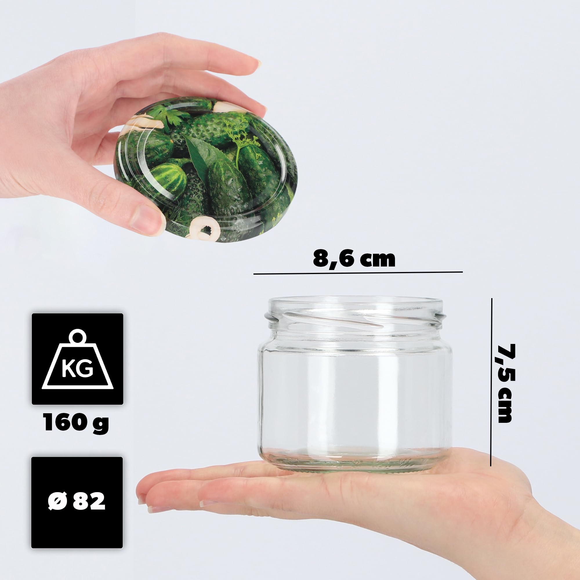 KADAX Tarros para mermelada 330 ml con tapa de rosca fi 82 mm, tarros de conserva para mermelada, miel y confitura, tarros de almacenamiento de vidrio, tarros con tapa (pepinillos en vinagre, 50 unida