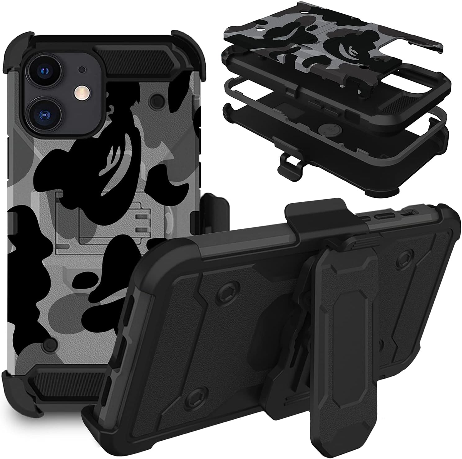 DuraSafe Cases for iPhone 11 2019 6.1 Inch A2111 A2223 A2221 Durable Classic Printed Case with 360° Rotatable Belt Clip with Kick Stand - Military Gray(with Holster)