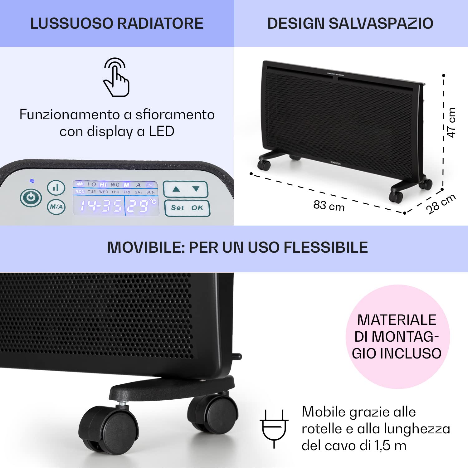Klarstein Stufa Elettrica Basso Consumo, Stufa Elettrica 2000W, Termoconvettore Elettrico a Parete con Termostato, Termosifone Elettrico Basso Consumo, Calorifero Riscaldamento Elettrico Portatile