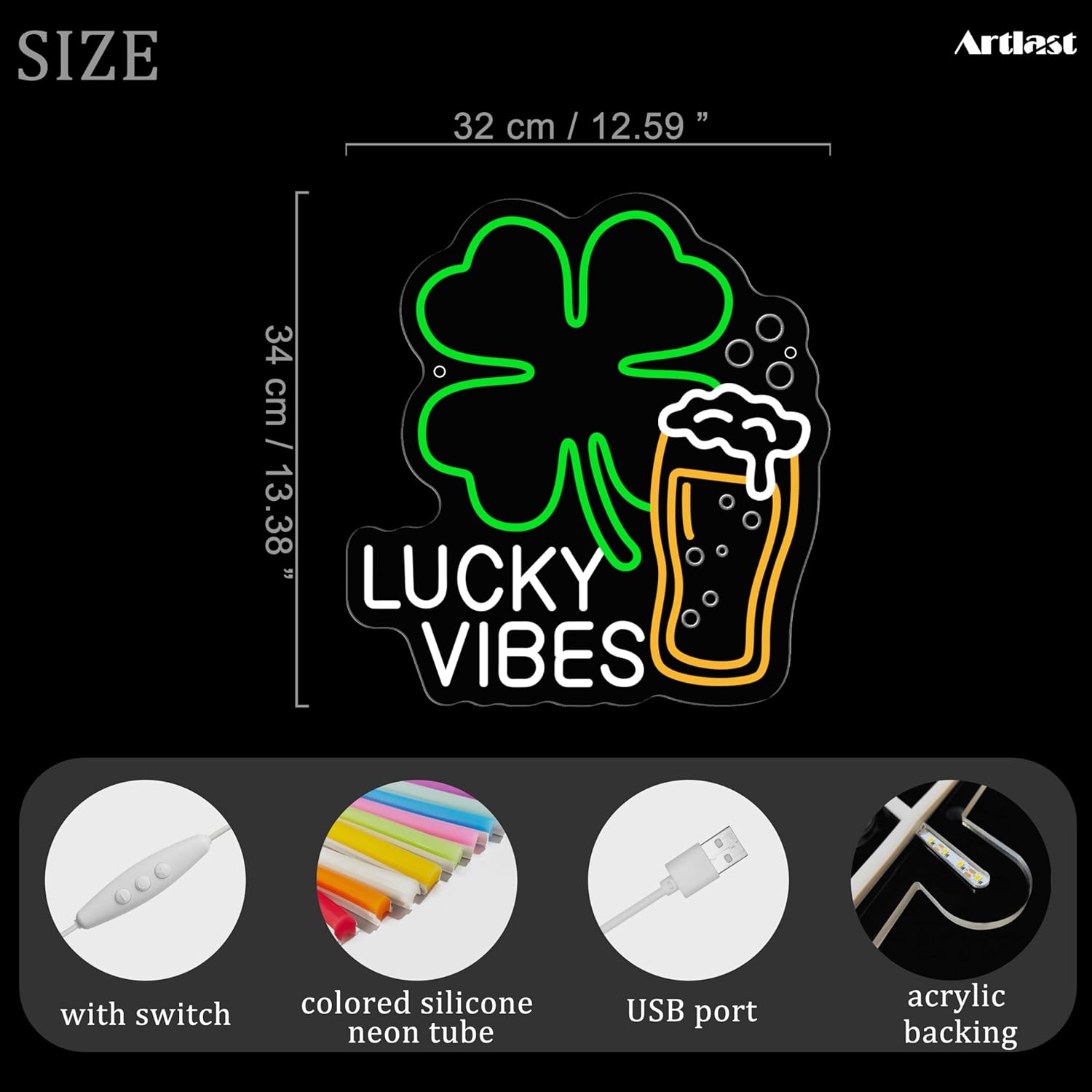Lucky Vibes LED Neon Sign Beer Mugs & Shamrock St. Patrick's Day Decor Green Dimmable Wall Art for Home Bar Pub Man Cave & Party USB Powered (12.6" x 13.4")