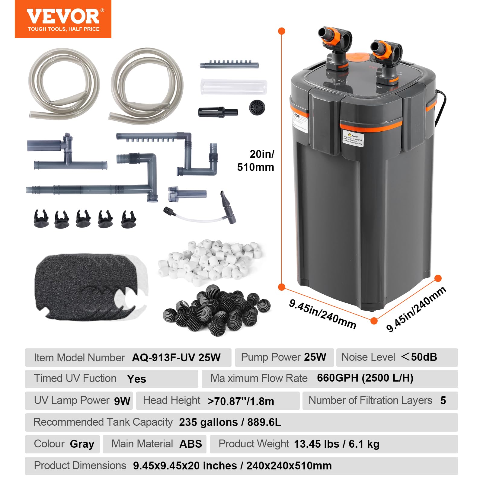 VEVOR Filtre d'aquarium 660 GPH, filtre à 5 étapes 235 gallons, ultra silencieux avec protection UV, submersible avec fonctions multiples pour aquariums, 25 W