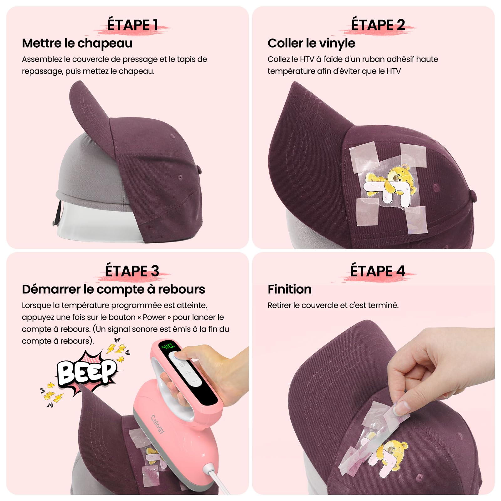 Calogy Mini presse à chaud pour chapeaux, compte à rebours température maximale de 210 ℃ avec base de presse ronde, machine de transfert de chaleur pour casquettes, bavoirs, snapbacks, bonnets (Rose)