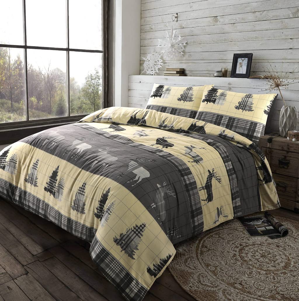 HOMES-LINEN Stag Flannelette 100% Natural Brushed Cotton Luxurious Duvet Cover Sets Reversible Bedding Sets With Matching Pillowcases (Grey, Super King)
