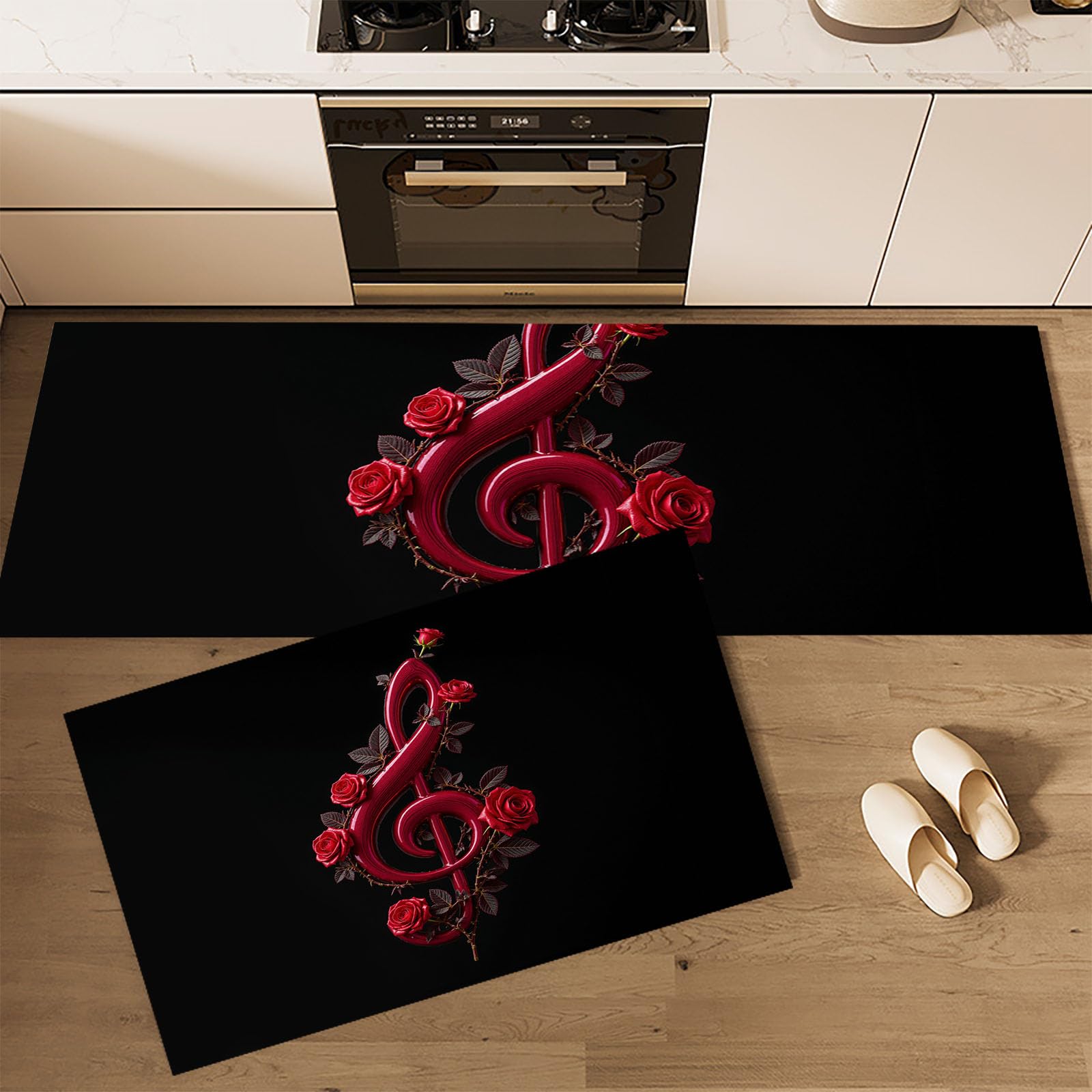 Tapis de cuisine absorbant l'eau et l'huile style musical rose pour sol propre