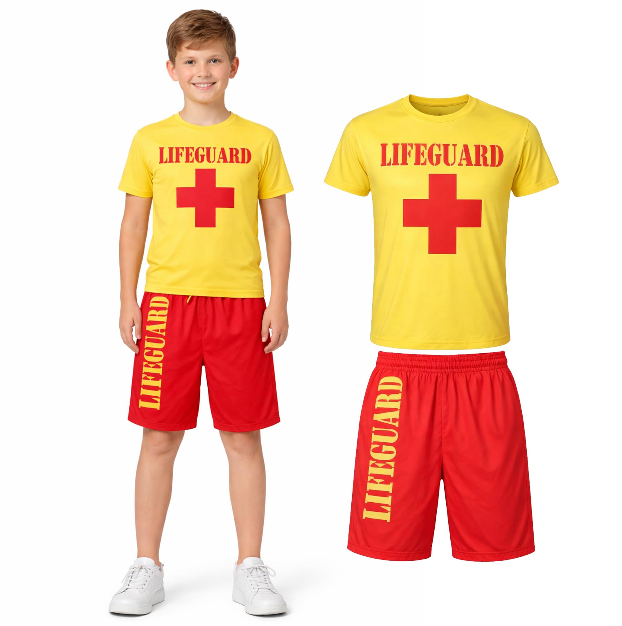 Wickedfun Boys Yellow & Red Wickedfun® Kids Lifeguard T-Shirt And Short Set Beach Bay Life Saver Children School Fancy Dress Party (4-6 Years)