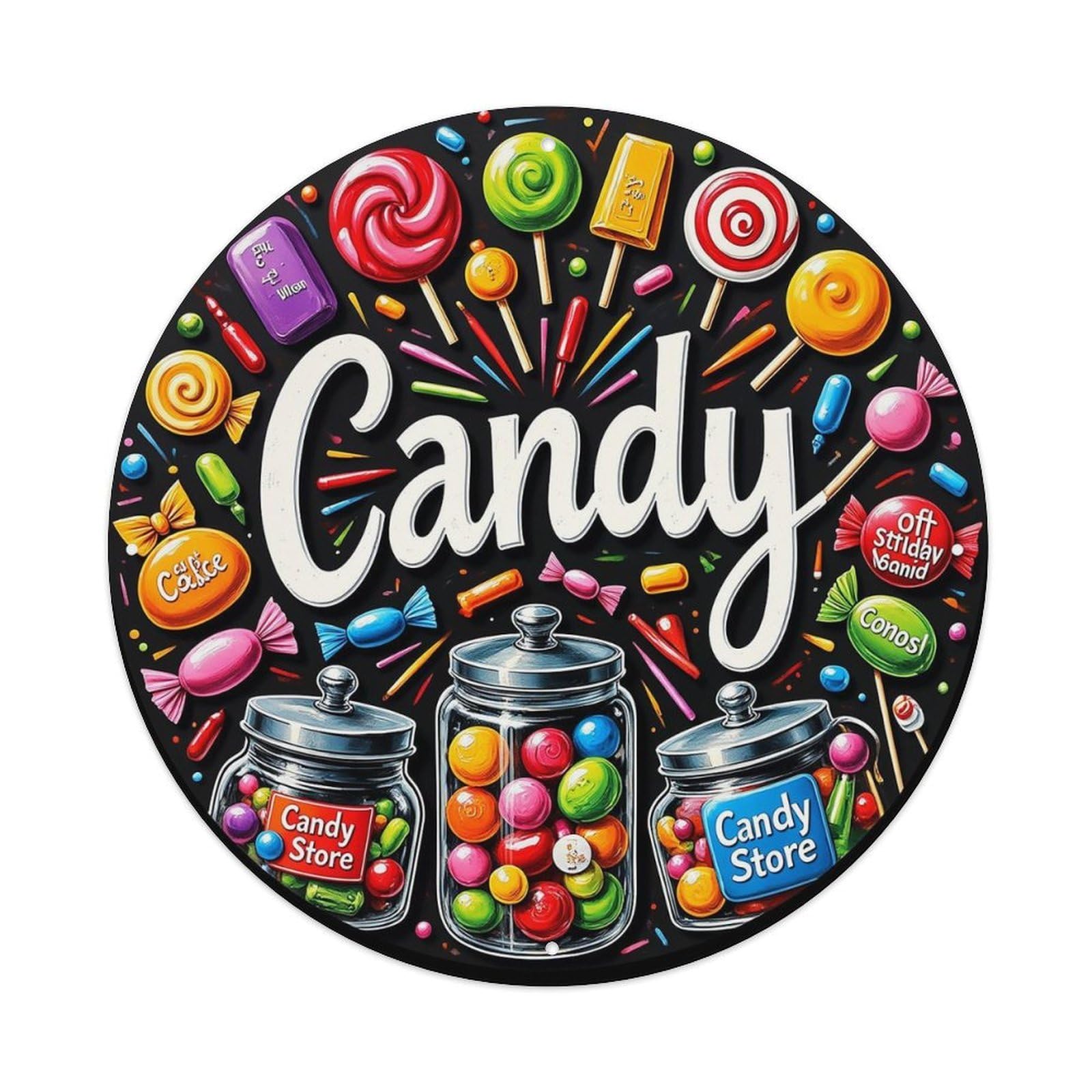 Candy Store Jar Lollipop Colorful Retro Metal Sign Round Tin Sign, Vintage Decor Art Poster for Bar, Home, Man Cave, Kitchen, Laundry Room Gift 8x8Inch